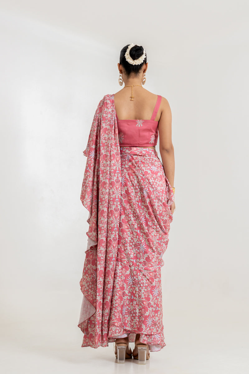 Dusty Rose Tiered Saree Set