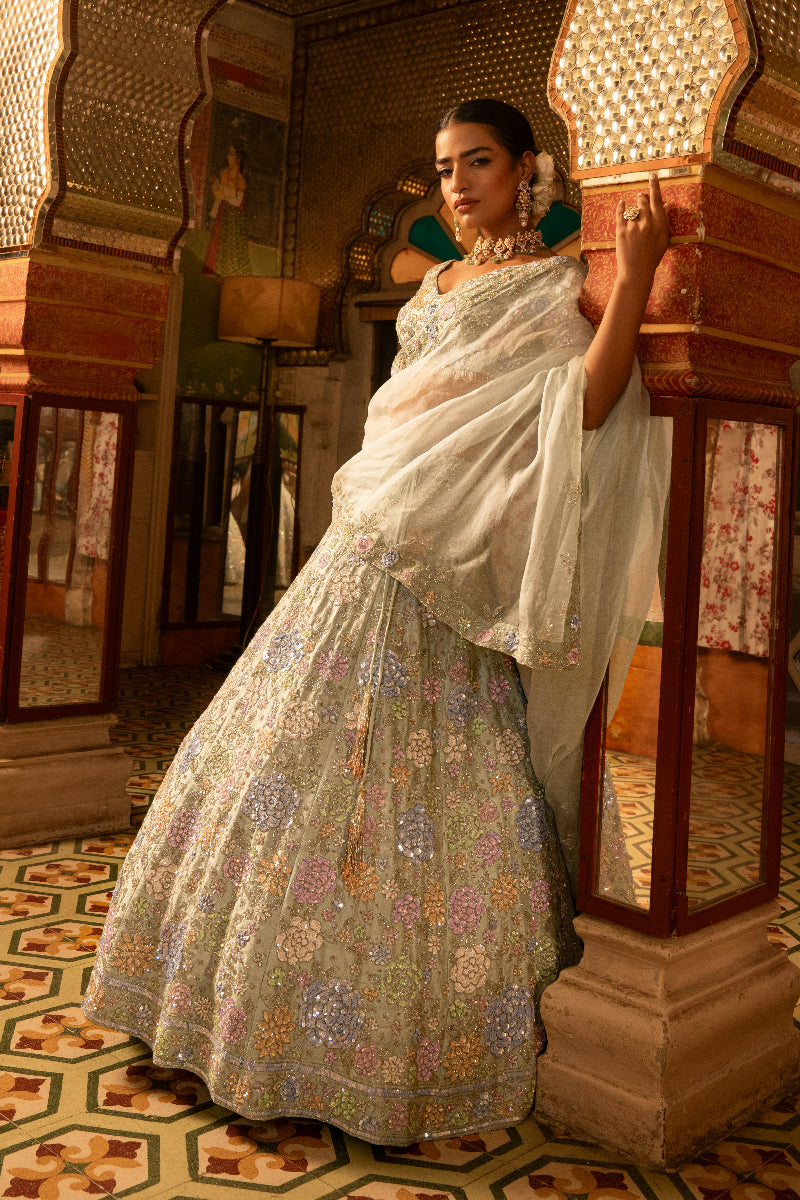 LEHENGA + BLOUSE + DUPATTA // SAGE GREEN FLORAL LEHENGA SET