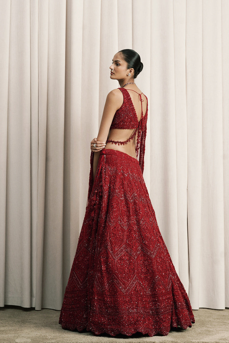 RED EMBROIDERED NET LEHENGA WITH DUPATTA