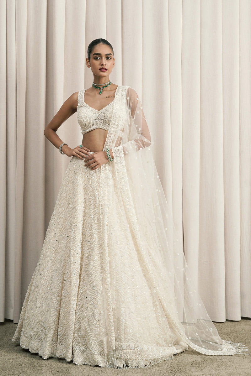 IVORY GEOMETRIC EMBROIDERED LEHENGA WITH DUPATTA
