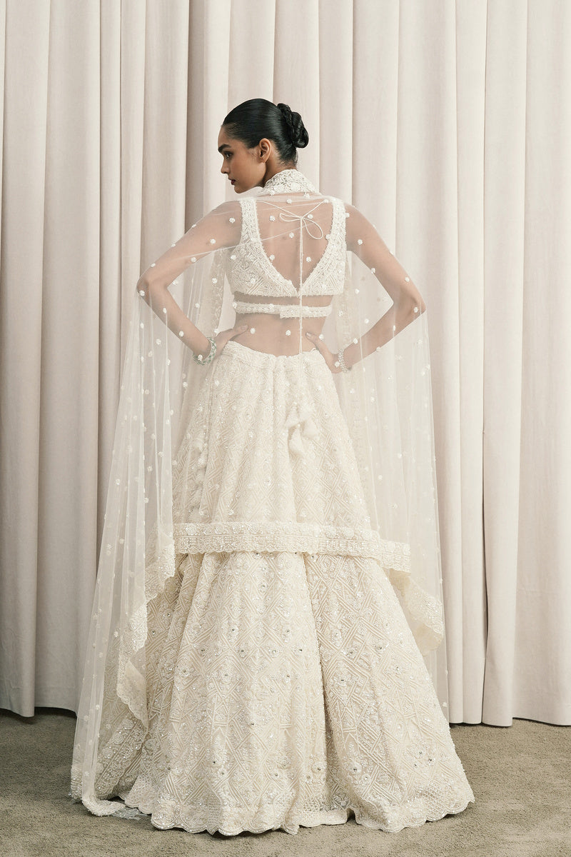 IVORY GEOMETRIC EMBROIDERED LEHENGA WITH DUPATTA