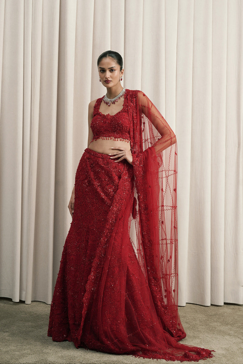 RED FISH-CUT EMBROIDERED LEHENGA WITH DUPATTA