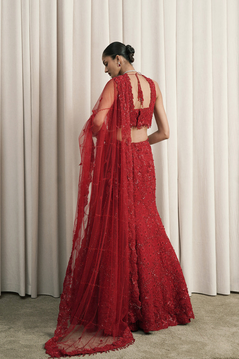 RED FISH-CUT EMBROIDERED LEHENGA WITH DUPATTA