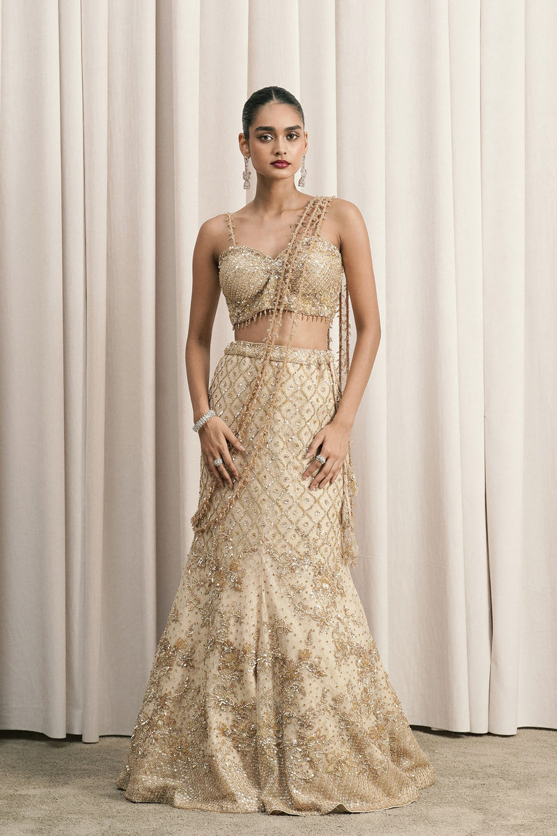 BEIGE FISH-CUT EMBROIDERED LEHENGA WITH BLOUSE