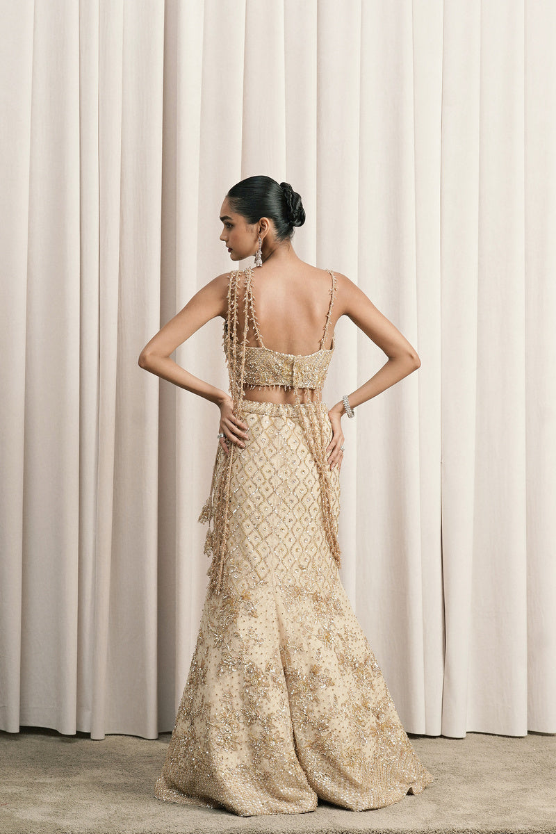 BEIGE FISH-CUT EMBROIDERED LEHENGA WITH BLOUSE