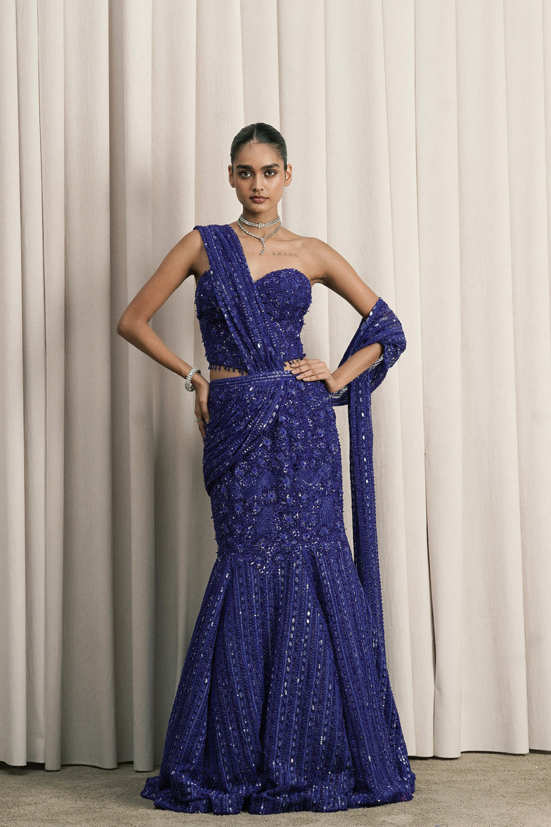 ROYAL BLUE FISH-CUT EMBROIDERED LEHENGA WITH CORSET BLOUSE