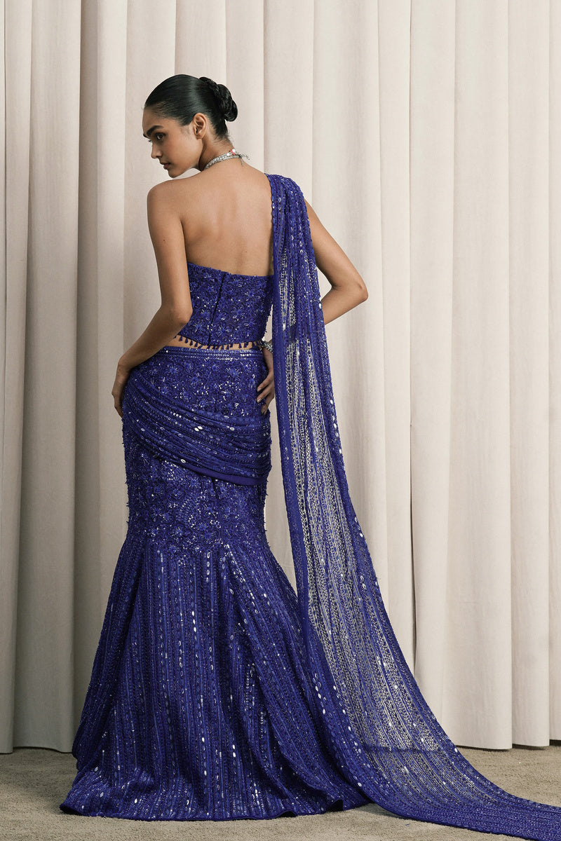 ROYAL BLUE FISH-CUT EMBROIDERED LEHENGA WITH CORSET BLOUSE
