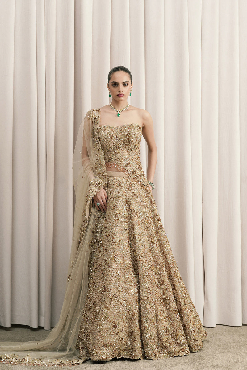 BEIGE EMBROIDERED LEHENGA WITH CORSET BLOUSE AND DUPATTA
