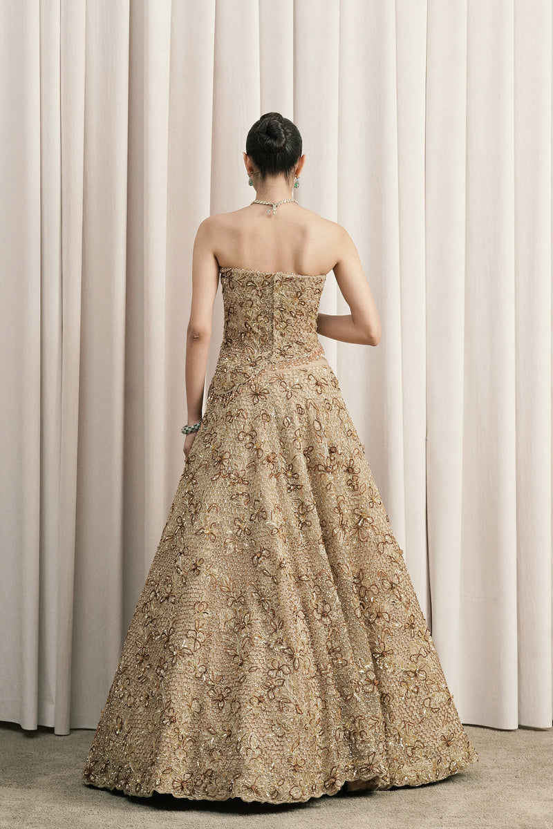 BEIGE EMBROIDERED LEHENGA WITH CORSET BLOUSE AND DUPATTA