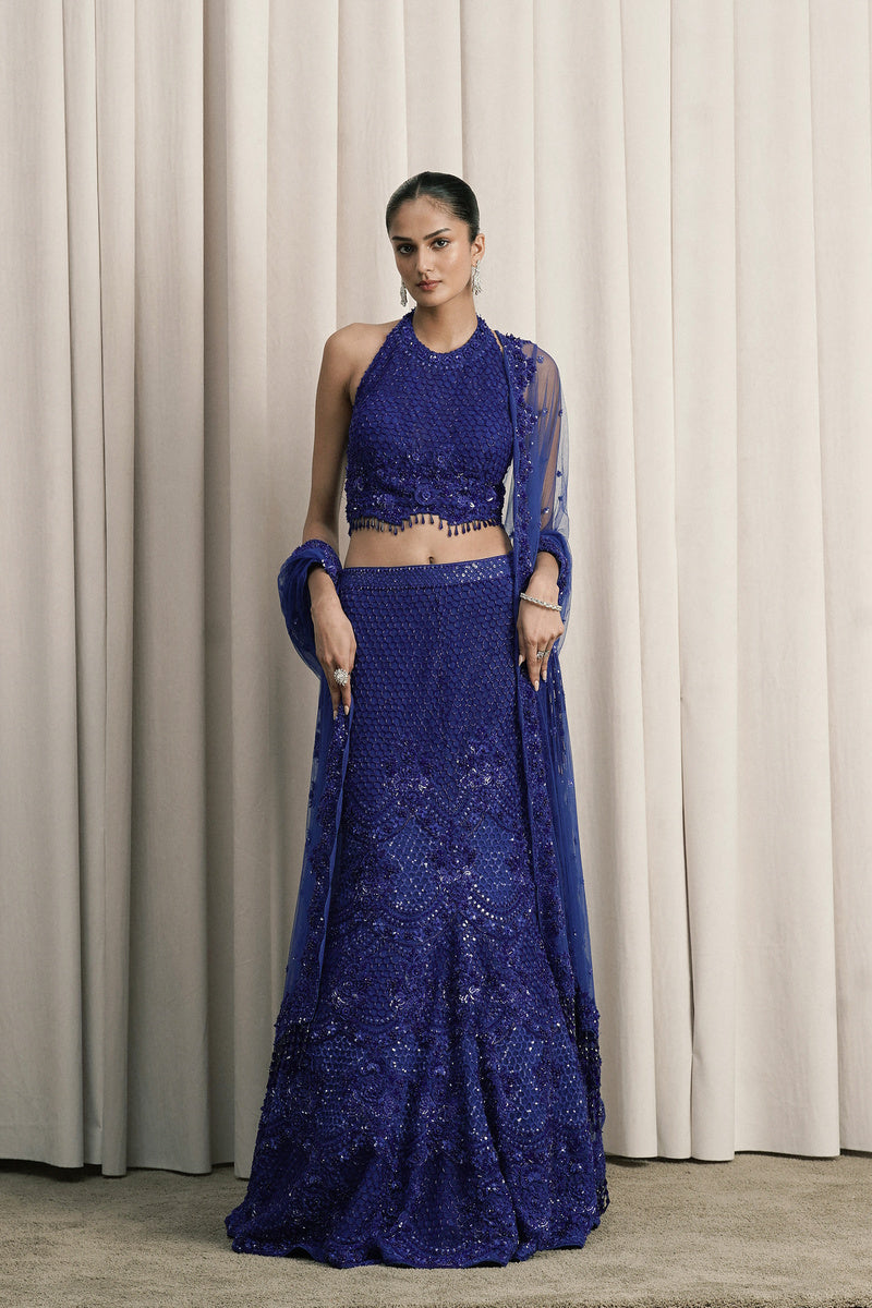 ROYAL BLUE FISH-CUT EMBROIDERED LEHENGA WITH DUPATTA