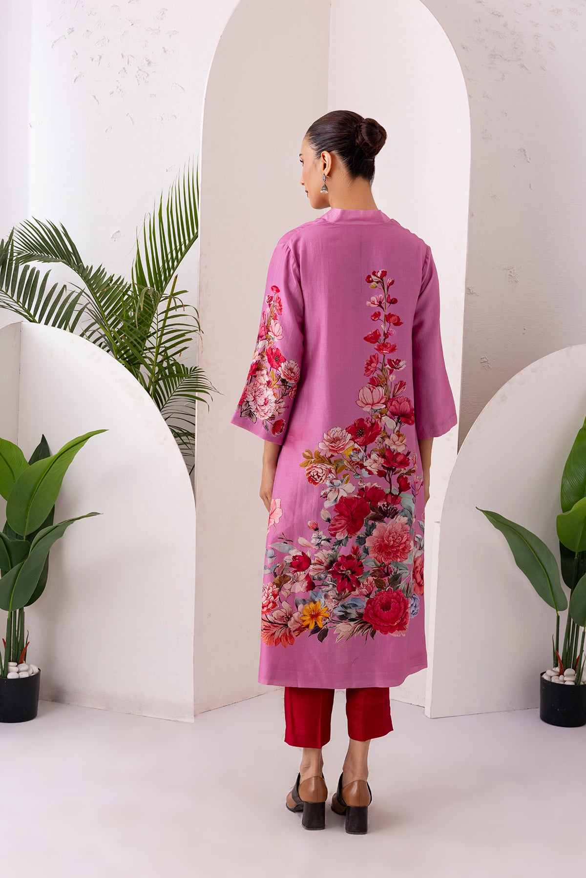 Salmon Pink Silk Chanderi Printed Tunic