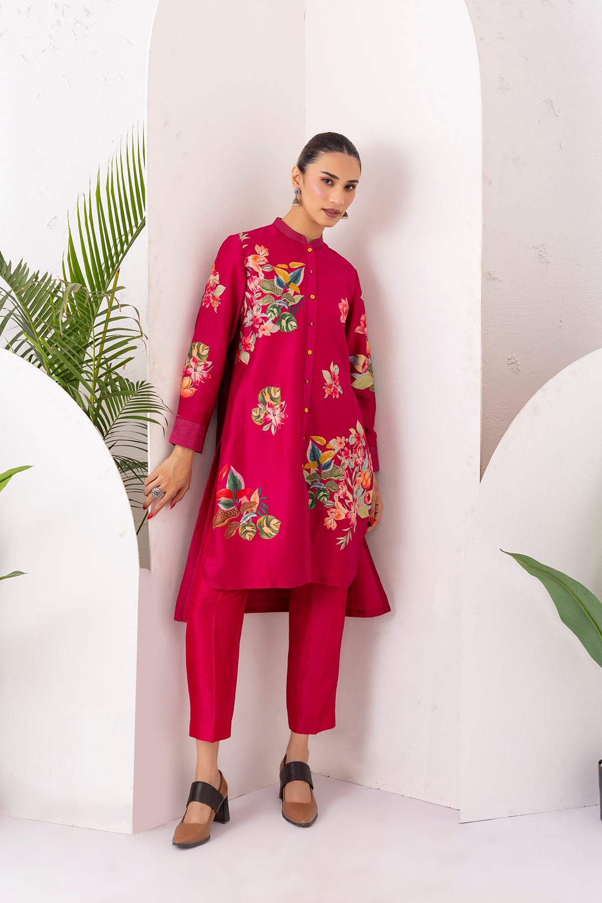 Hot Pink Silk Chanderi Floral Printed Shirt Style Tunic