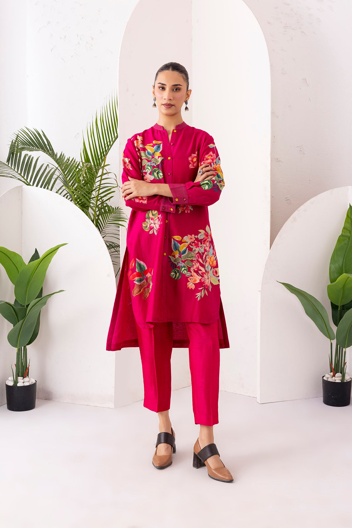 Hot Pink Silk Chanderi Floral Printed Shirt Style Tunic