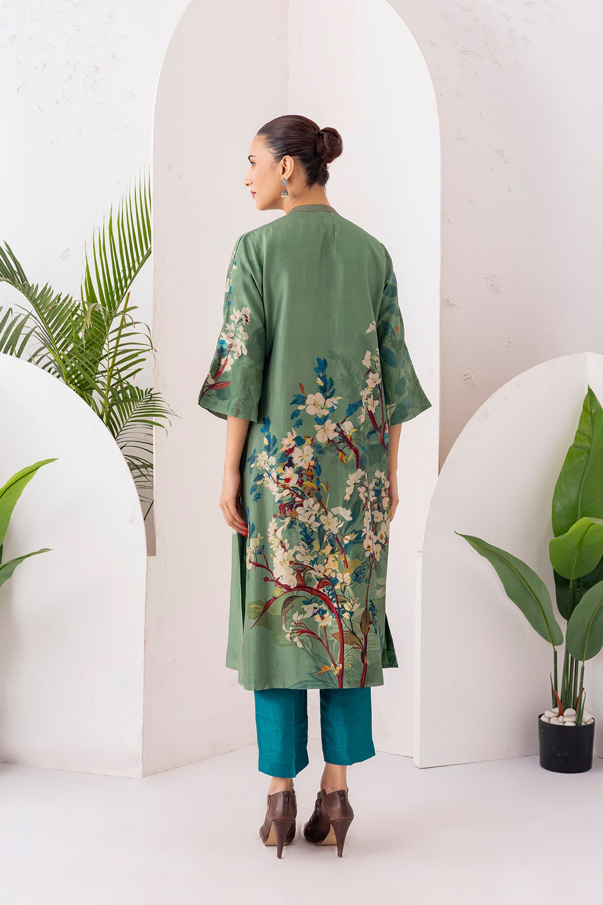 Sage Green Silk Chanderi Printed Front Pleat Tunic