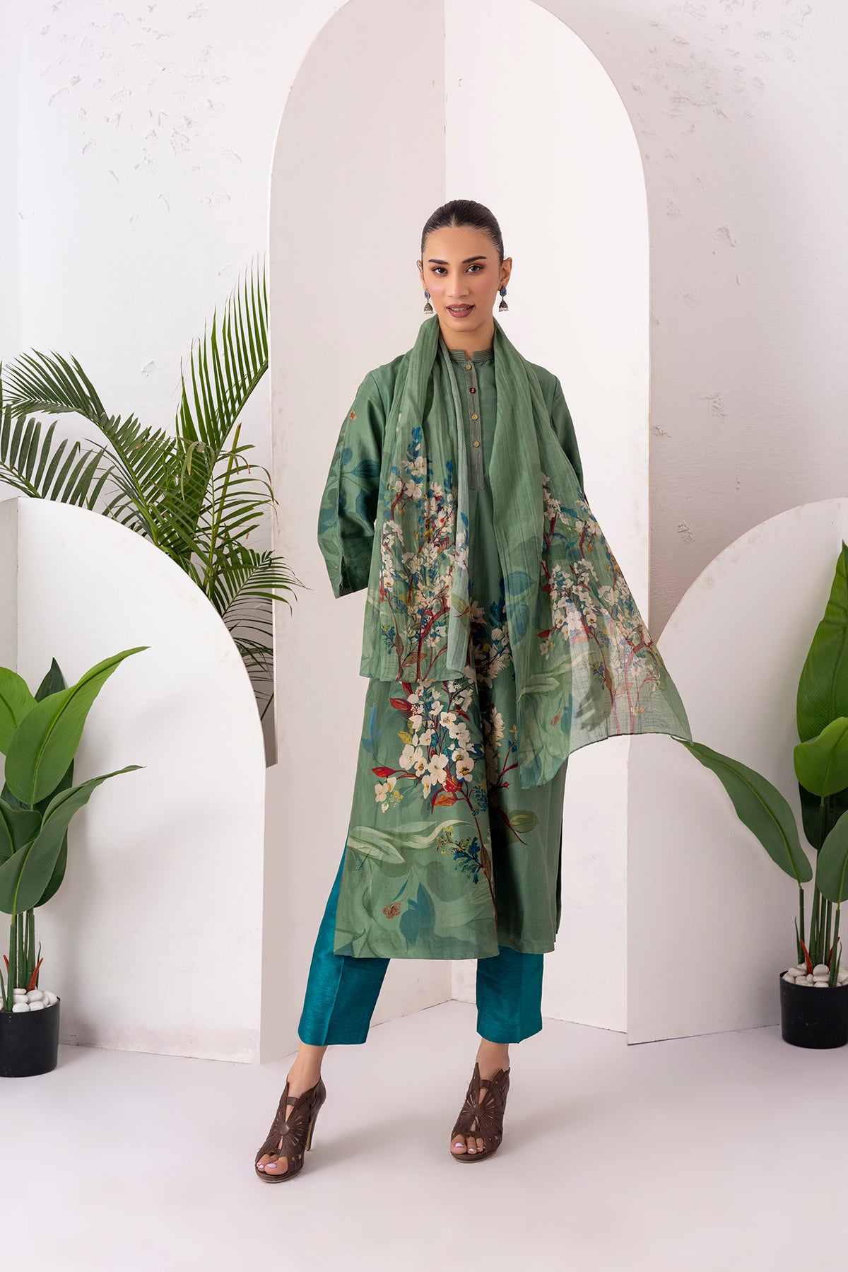 Sage Green Silk Chanderi Printed Front Pleat Tunic