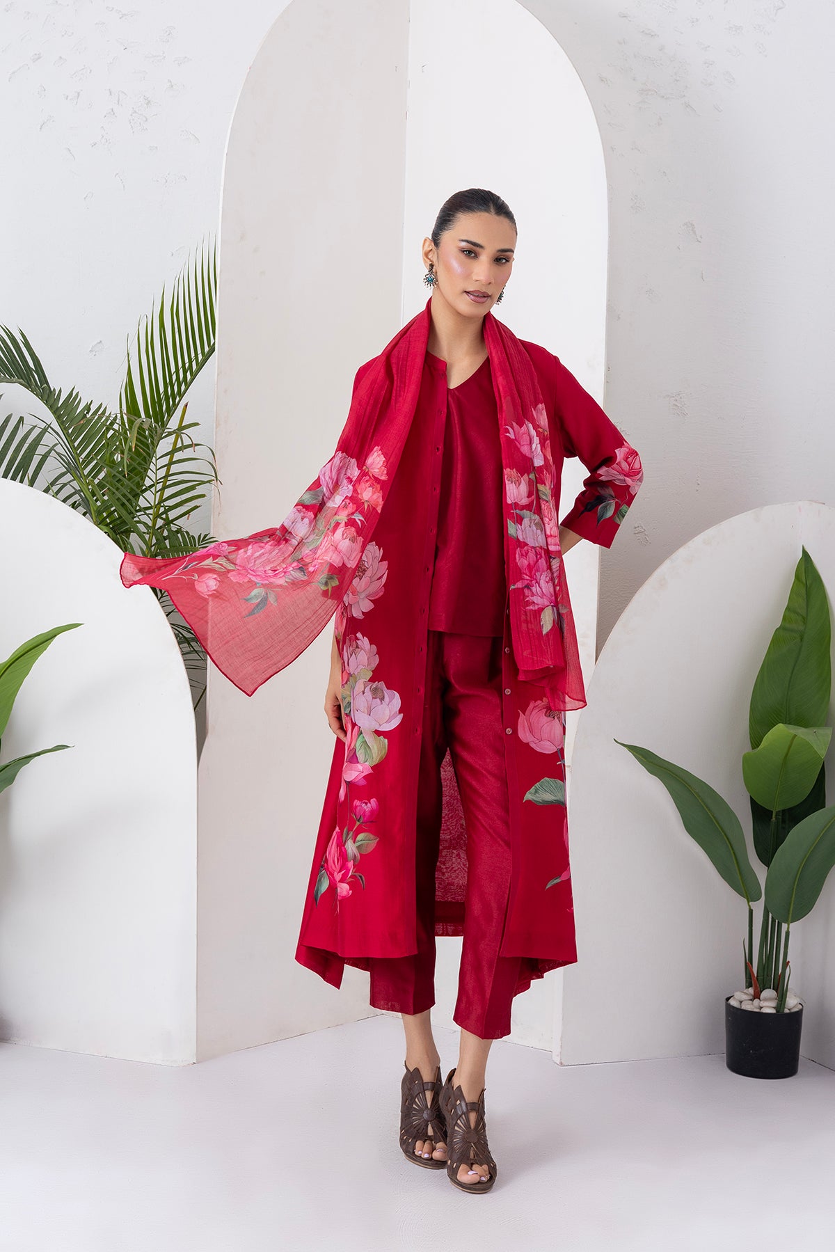 Maroon Silk Chanderi Printed Front Open Dress