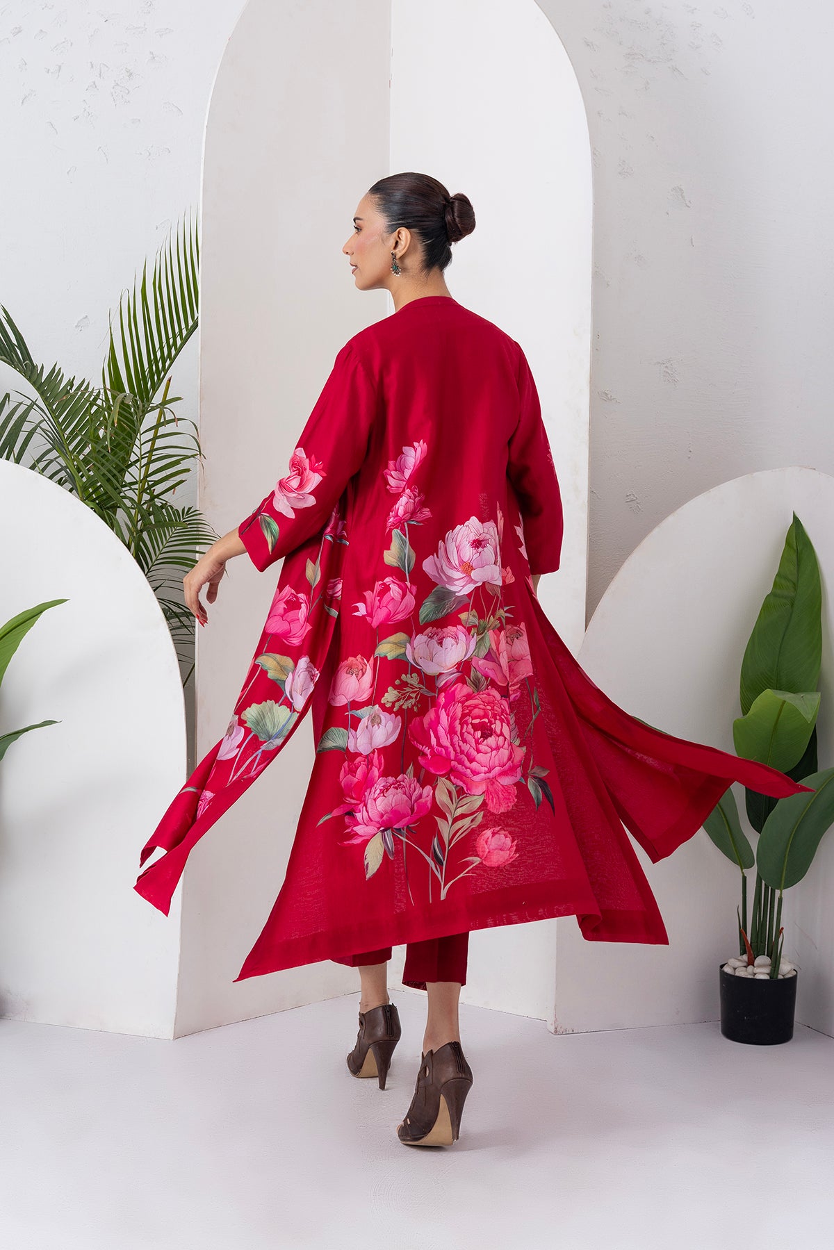 Maroon Silk Chanderi Printed Front Open Dress