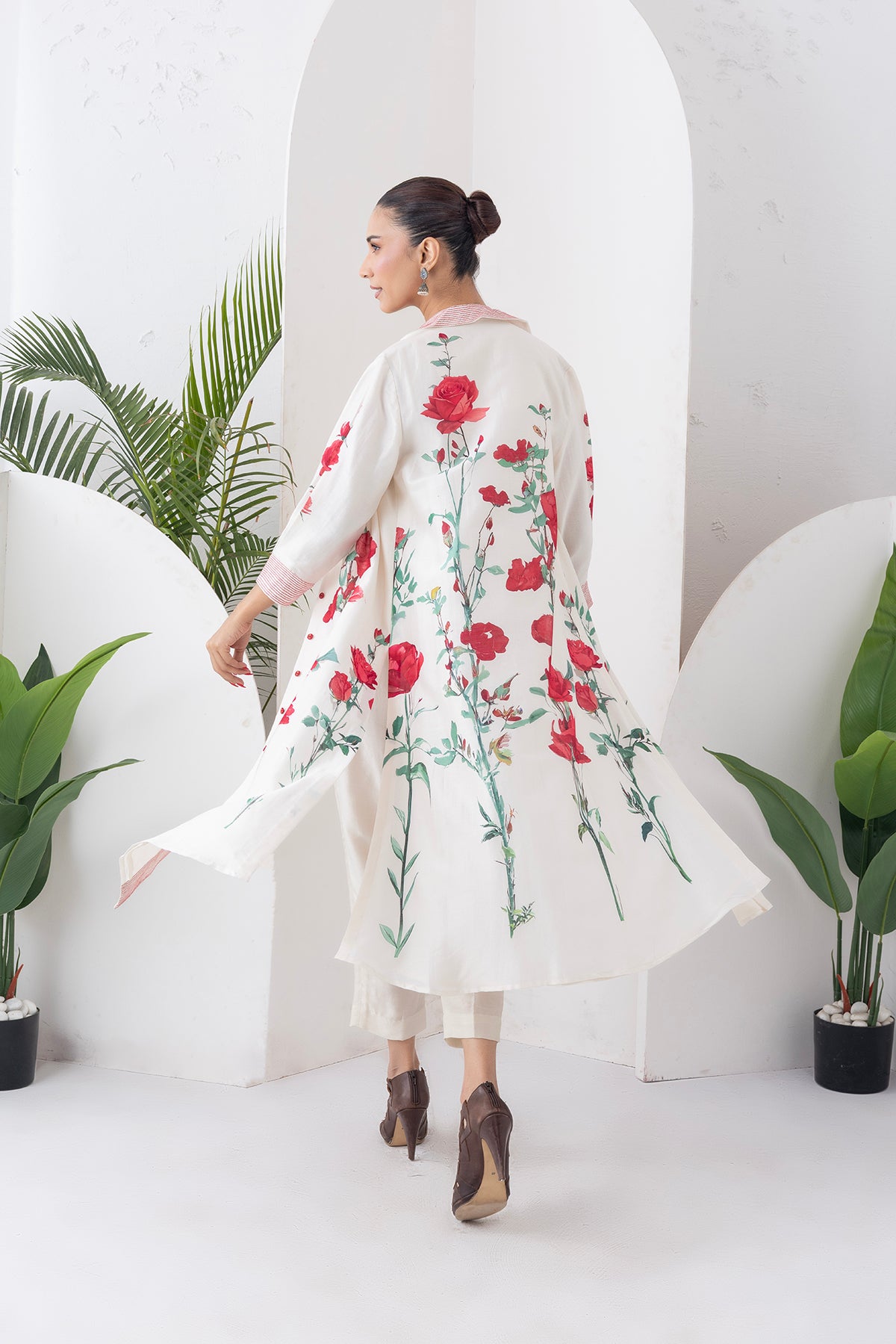 Ivory Silk Chanderi Front Open Printed Dress