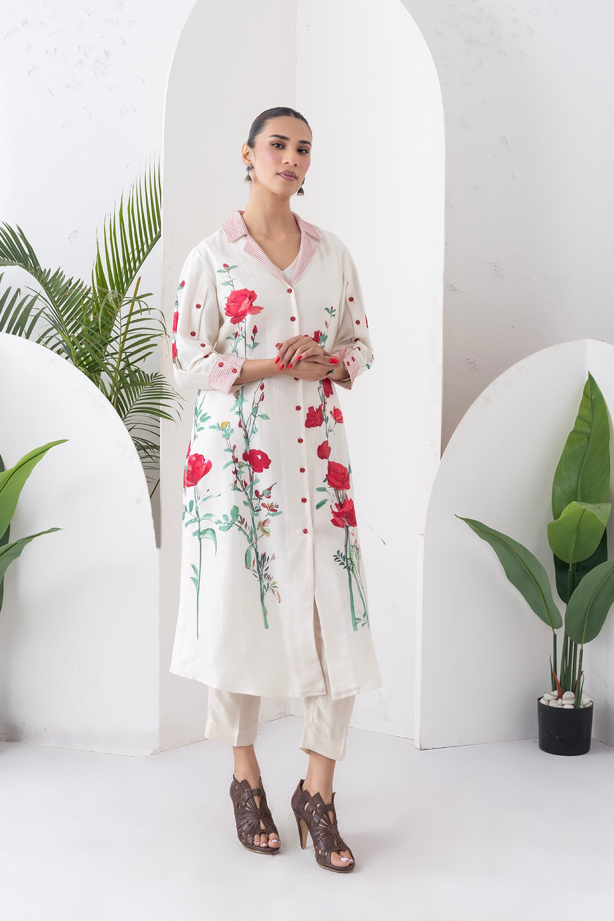 Ivory Silk Chanderi Front Open Printed Dress