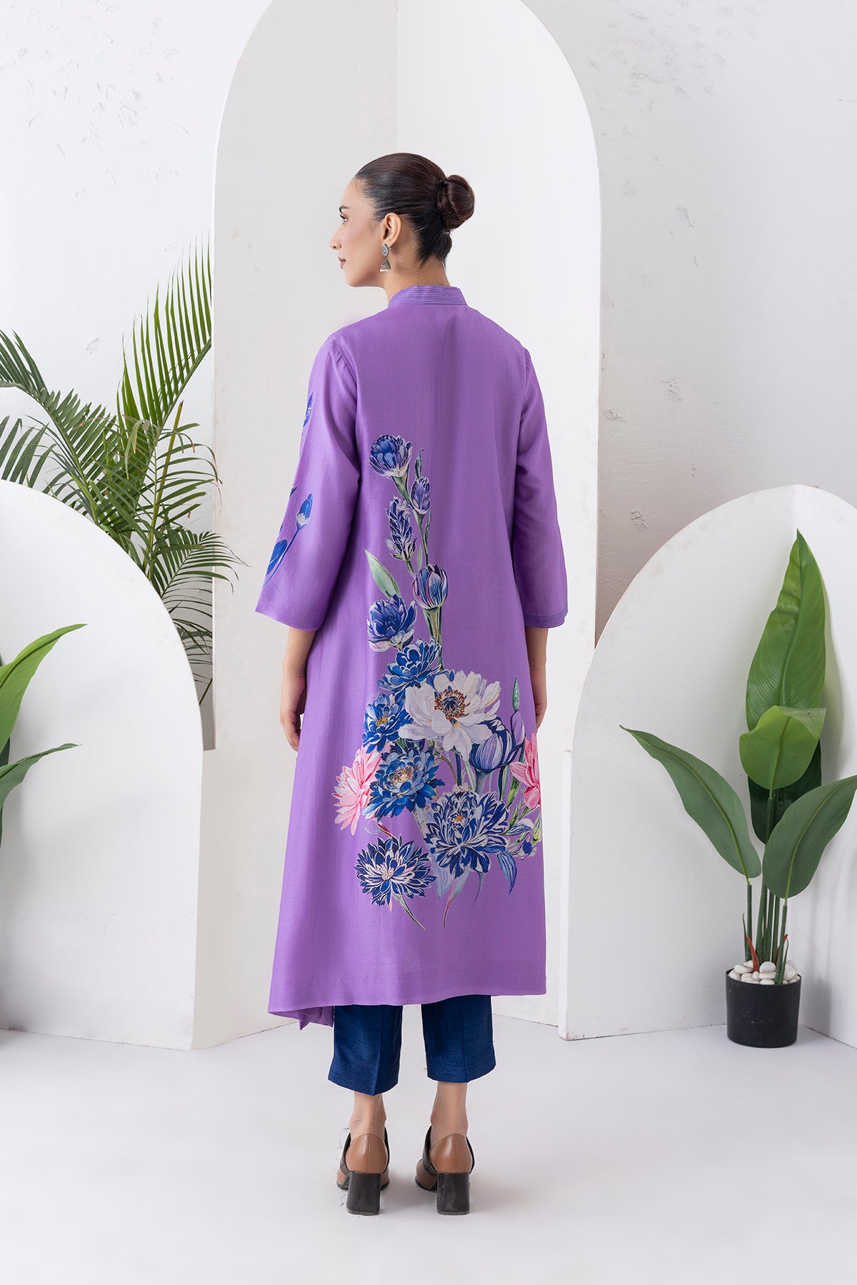 Lavender Silk Chanderi Front Open Printed Dress