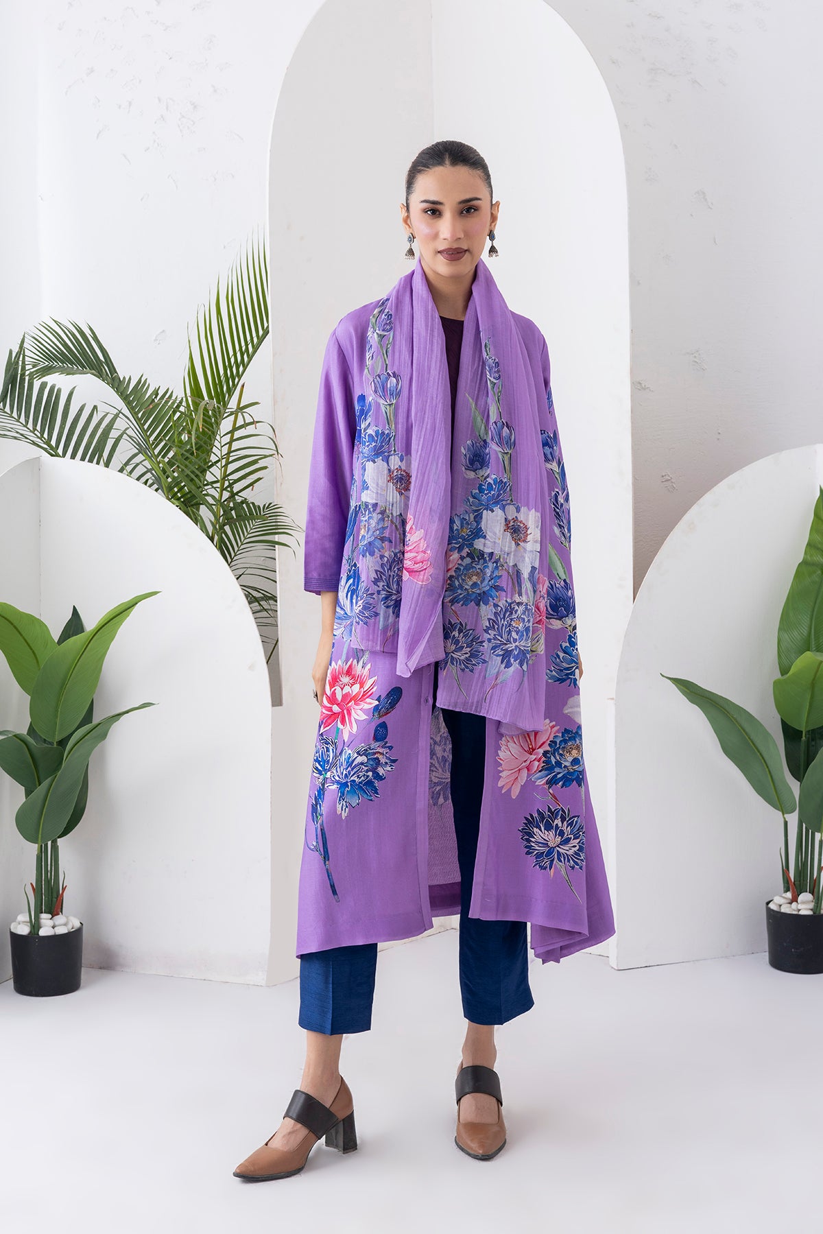 Lavender Silk Chanderi Front Open Printed Dress