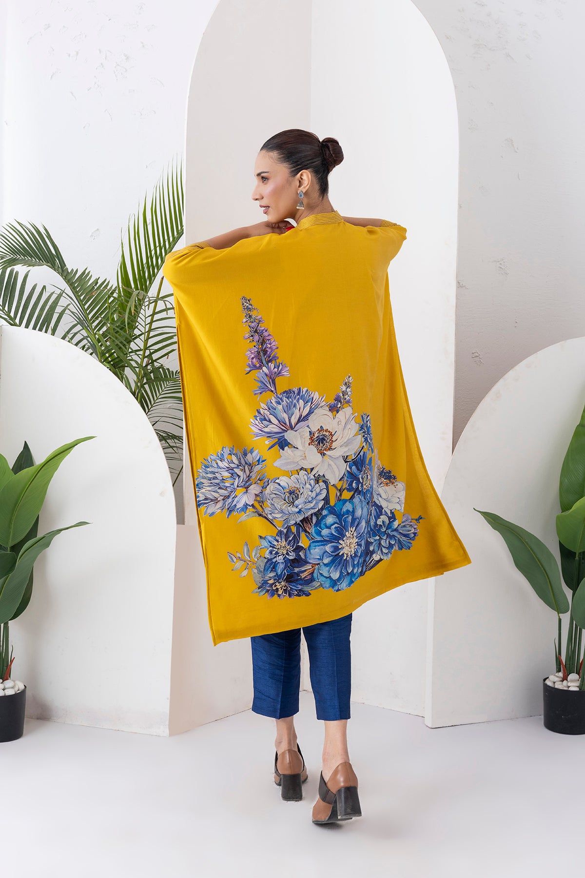 Yellow Silk Chanderi Front Open Kaftan Style Printed Dress