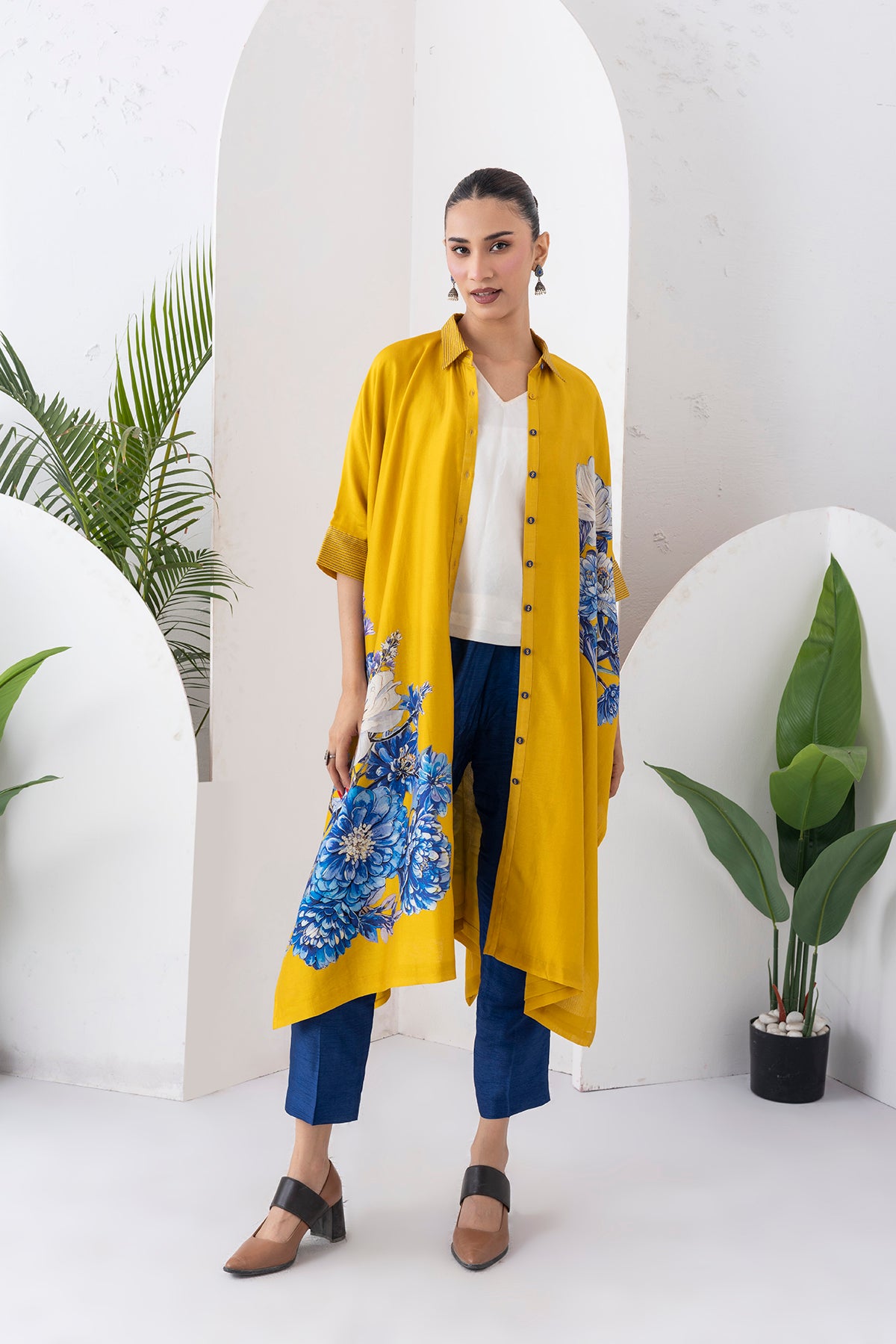 Yellow Silk Chanderi Front Open Kaftan Style Printed Dress