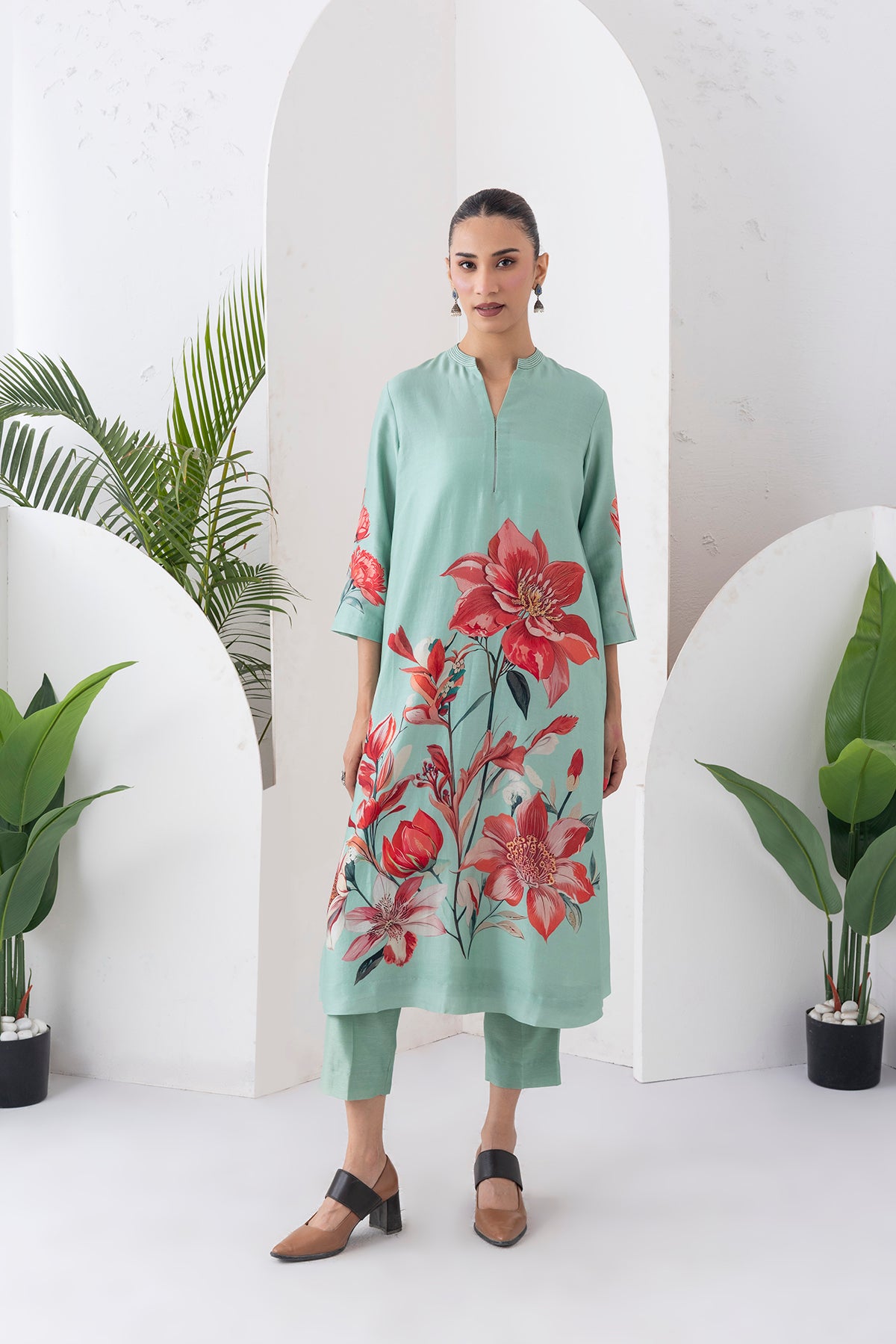 Mint Green Silk Chanderi Bloom-Inspired Printed Tunic