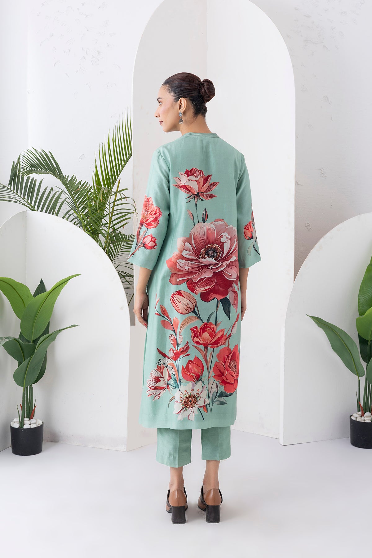 Mint Green Silk Chanderi Bloom-Inspired Printed Tunic