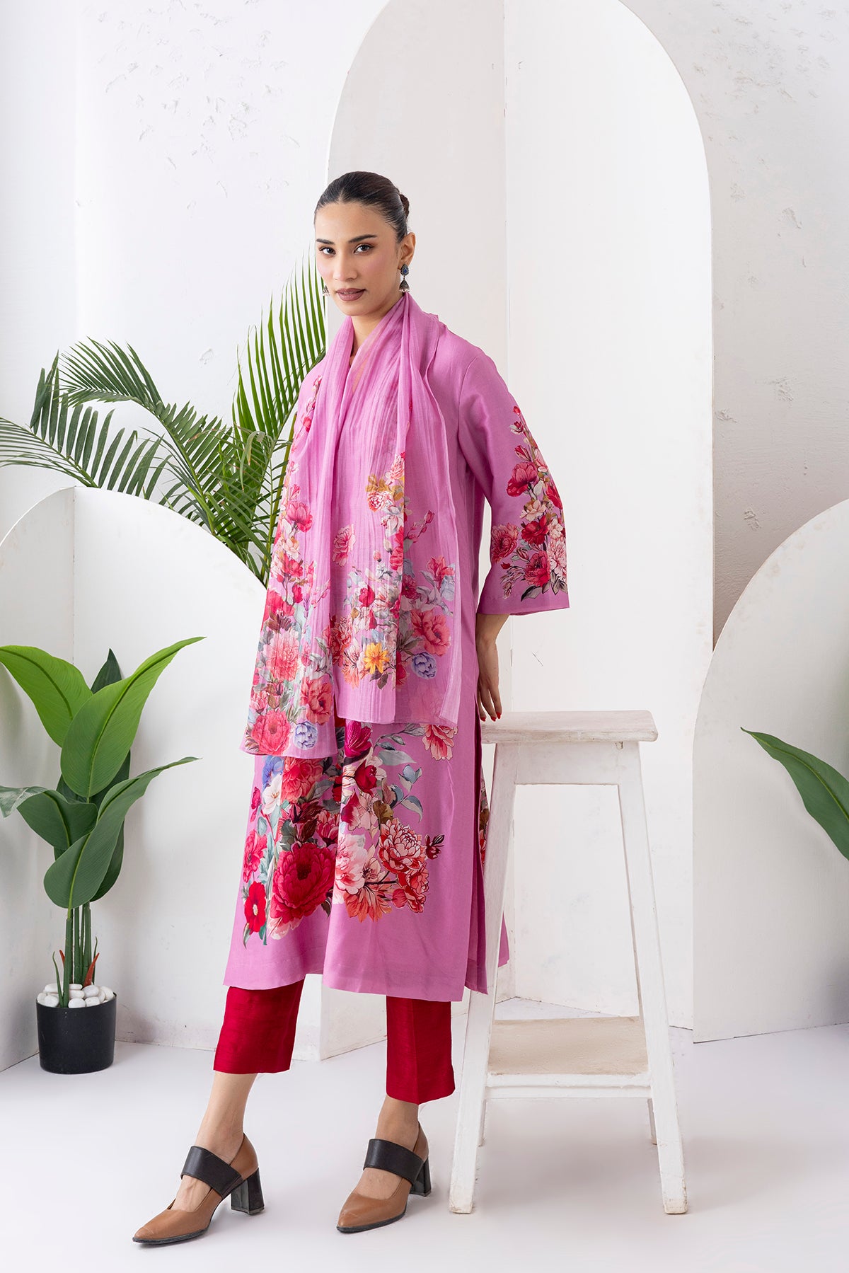 Salmon Pink Thin Chanderi Printed Stole