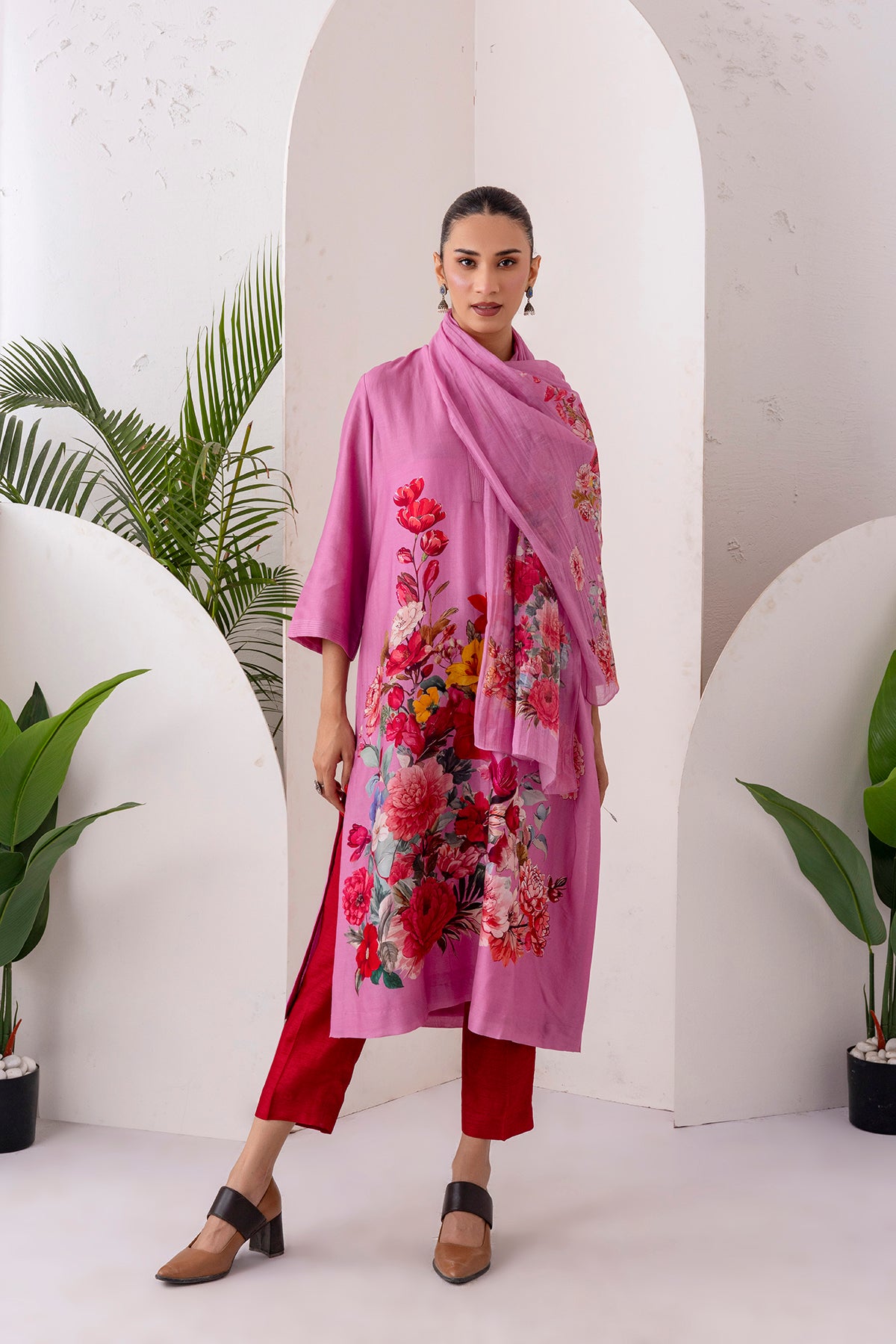Salmon Pink Thin Chanderi Printed Stole