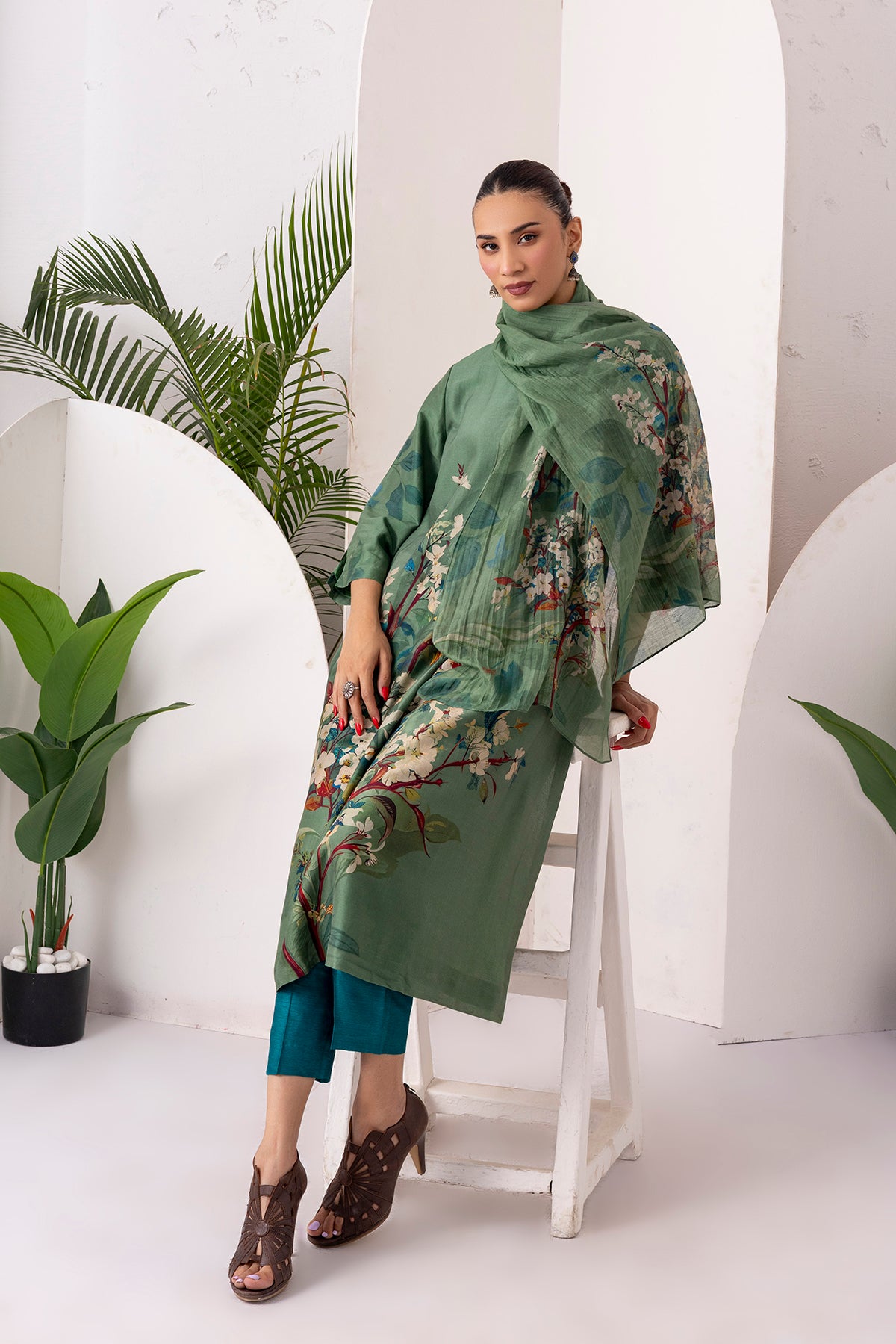 Sage Green Silk Chanderi Printed Stole