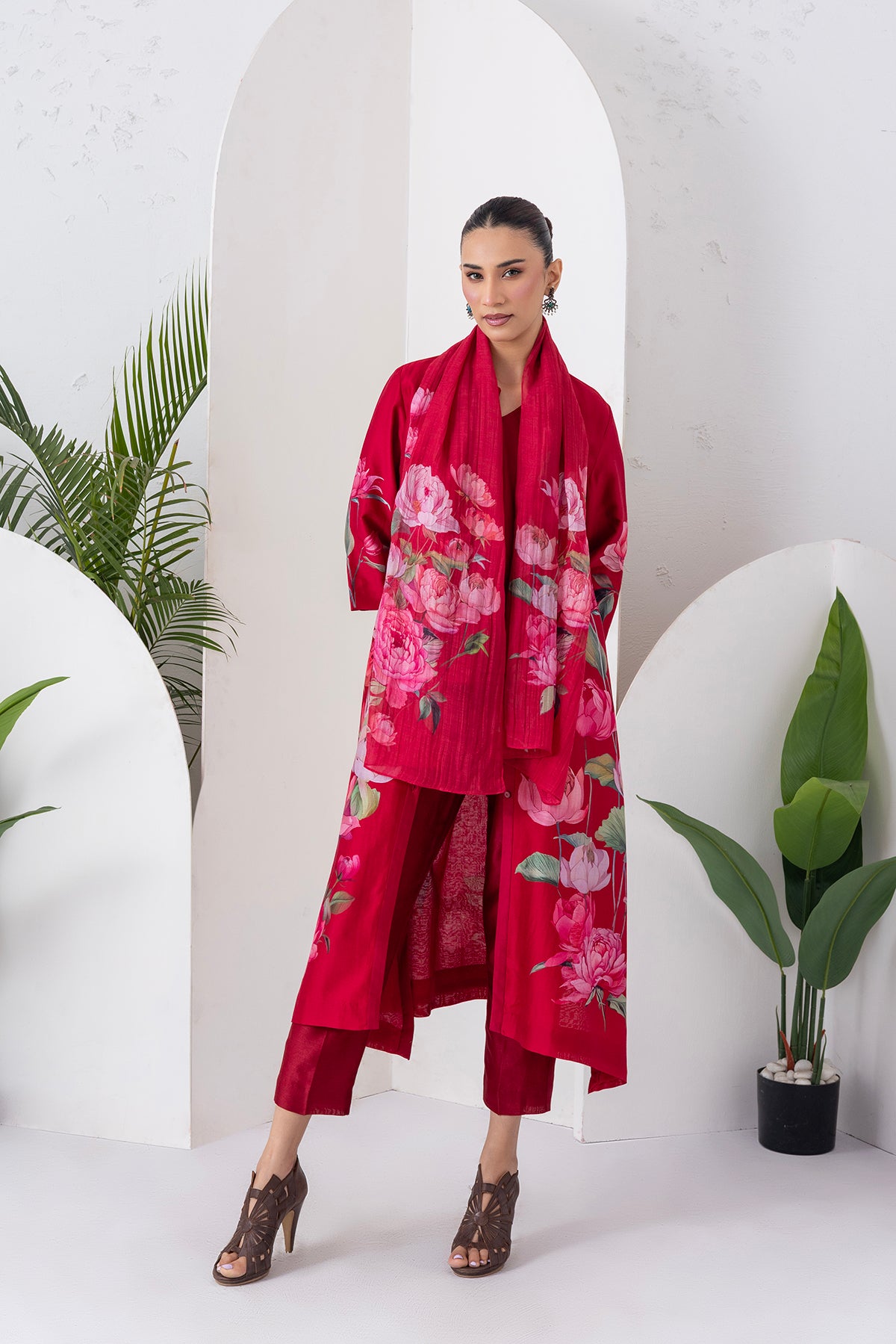 Maroon Thin Chanderi Printed Stole