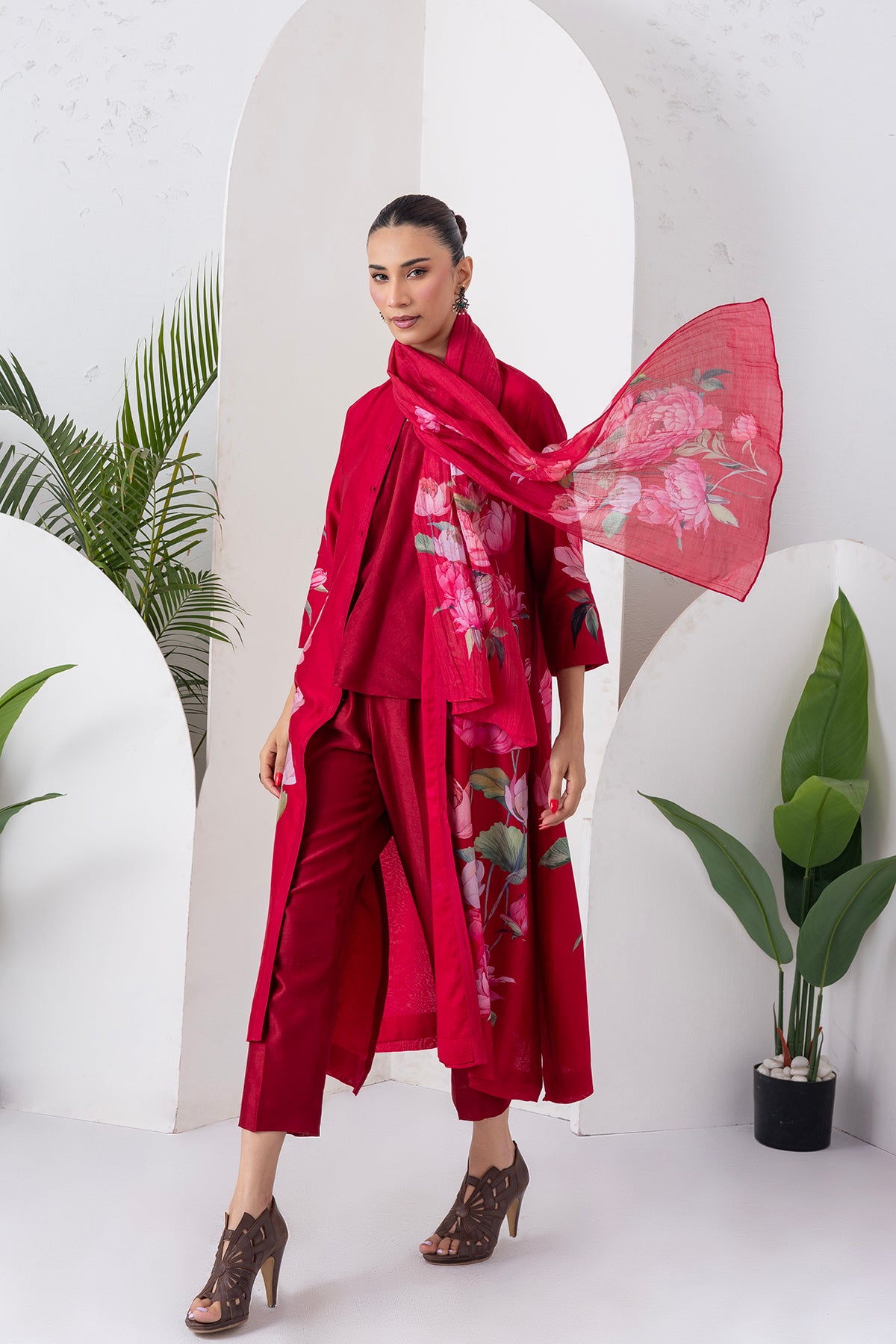 Maroon Thin Chanderi Printed Stole