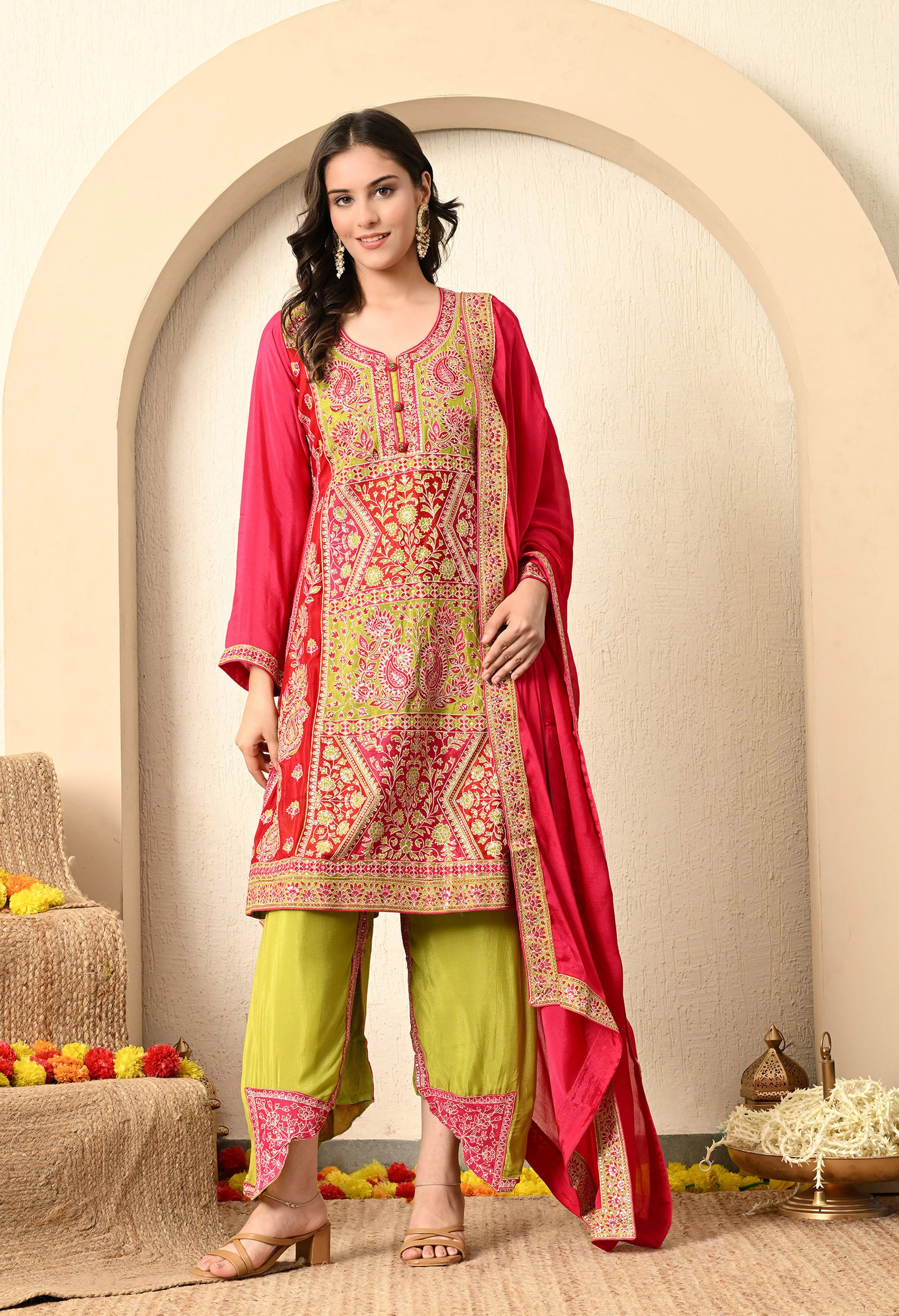 Green Pink Kurta Set