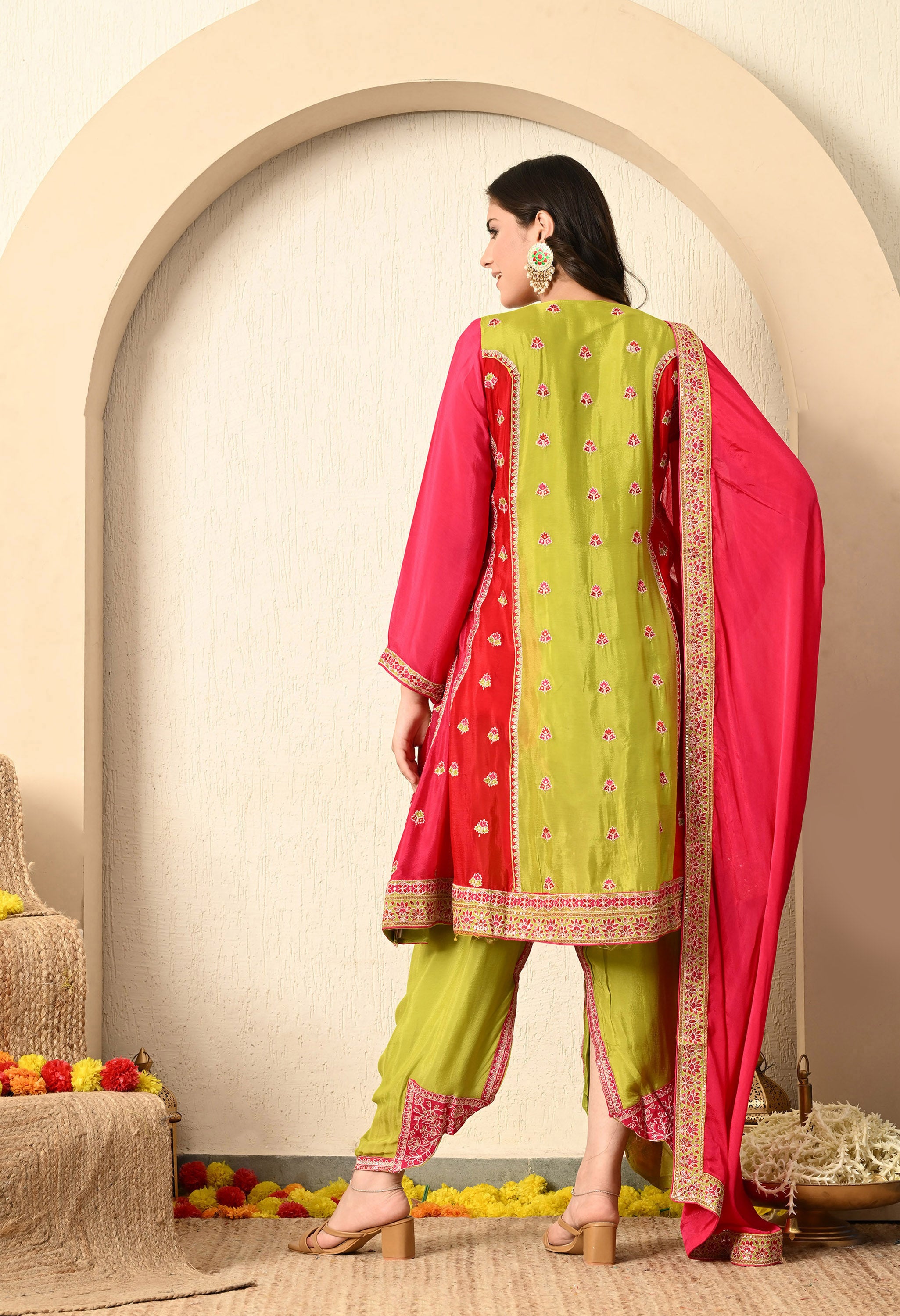 Green Pink Kurta Set