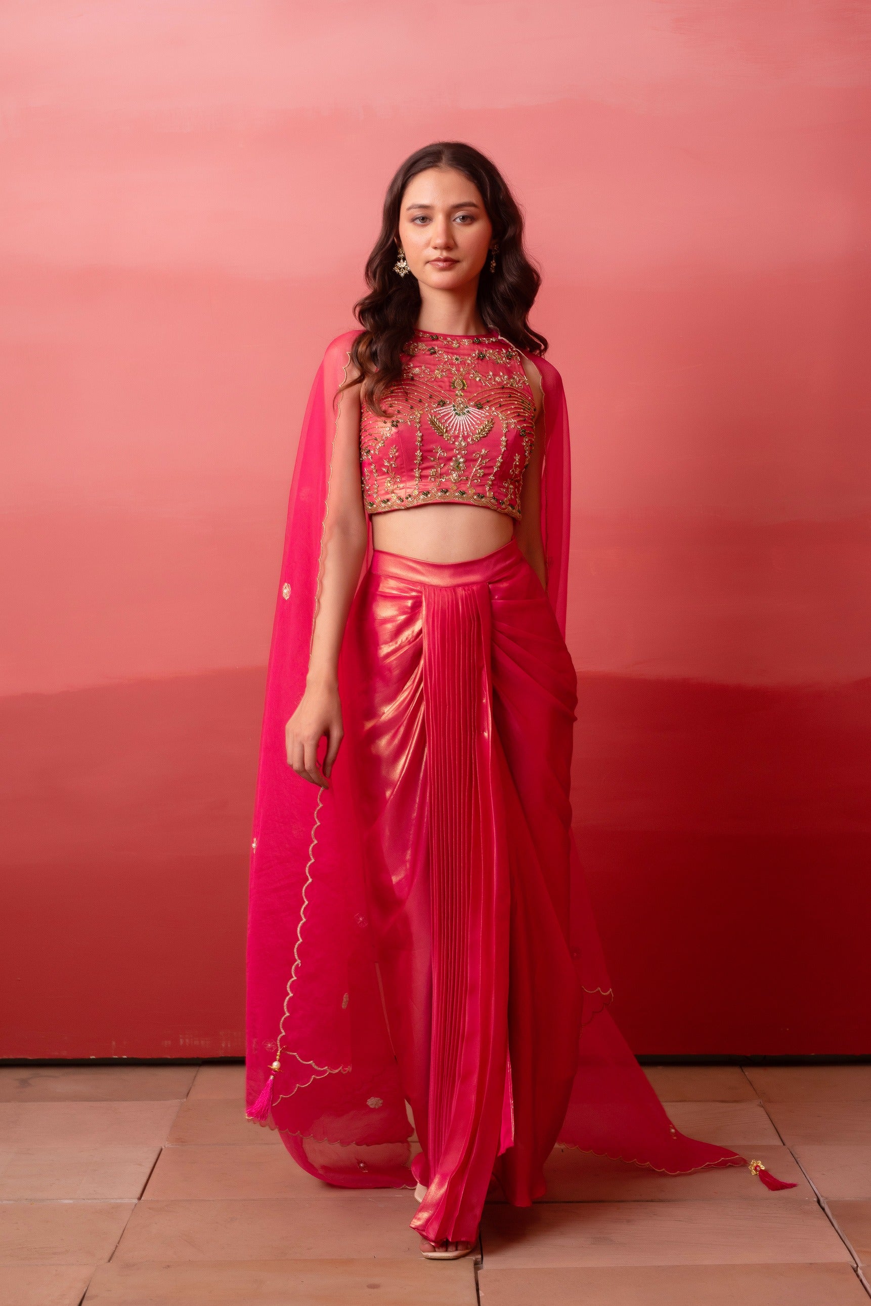 Pre-Draped Skirt With Handwork Blouse & Dupatta