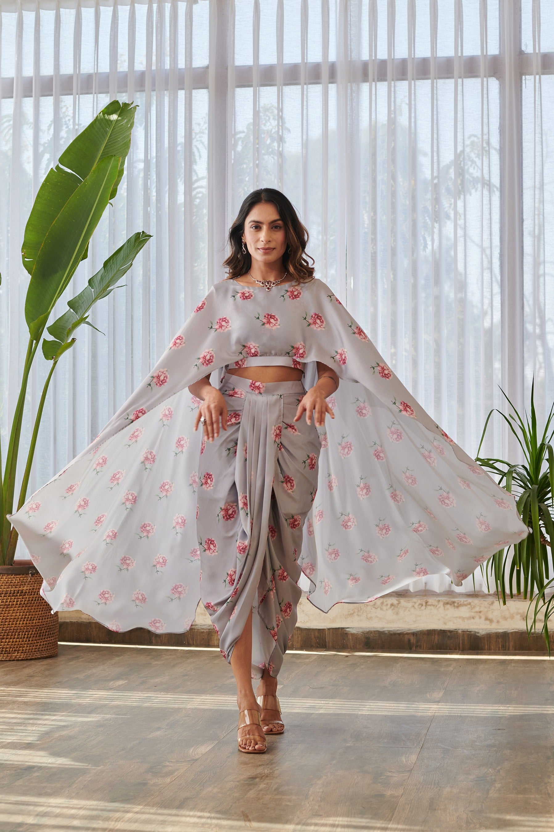 Pale Grey Cape Sleeved Top & Lungi Skirt