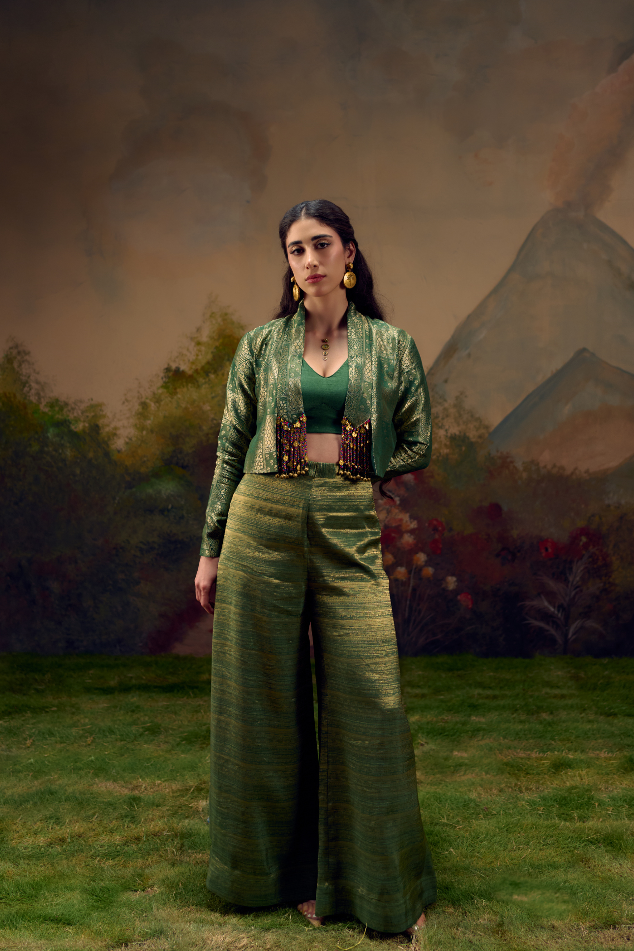 Naad Malhar - Green Jacket Set with Palazzo and Tassles Detailing