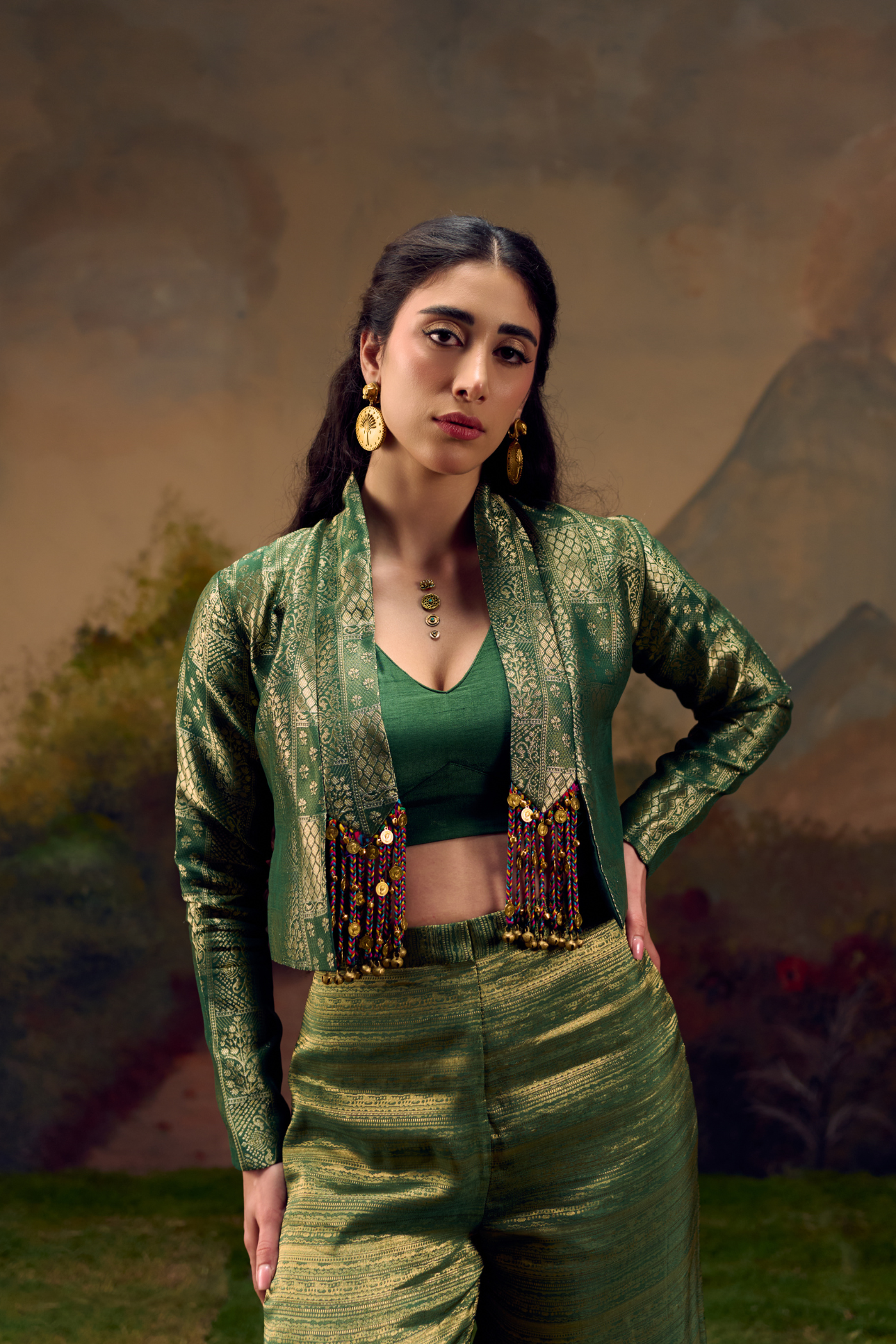 Naad Malhar - Green Jacket Set with Palazzo and Tassles Detailing