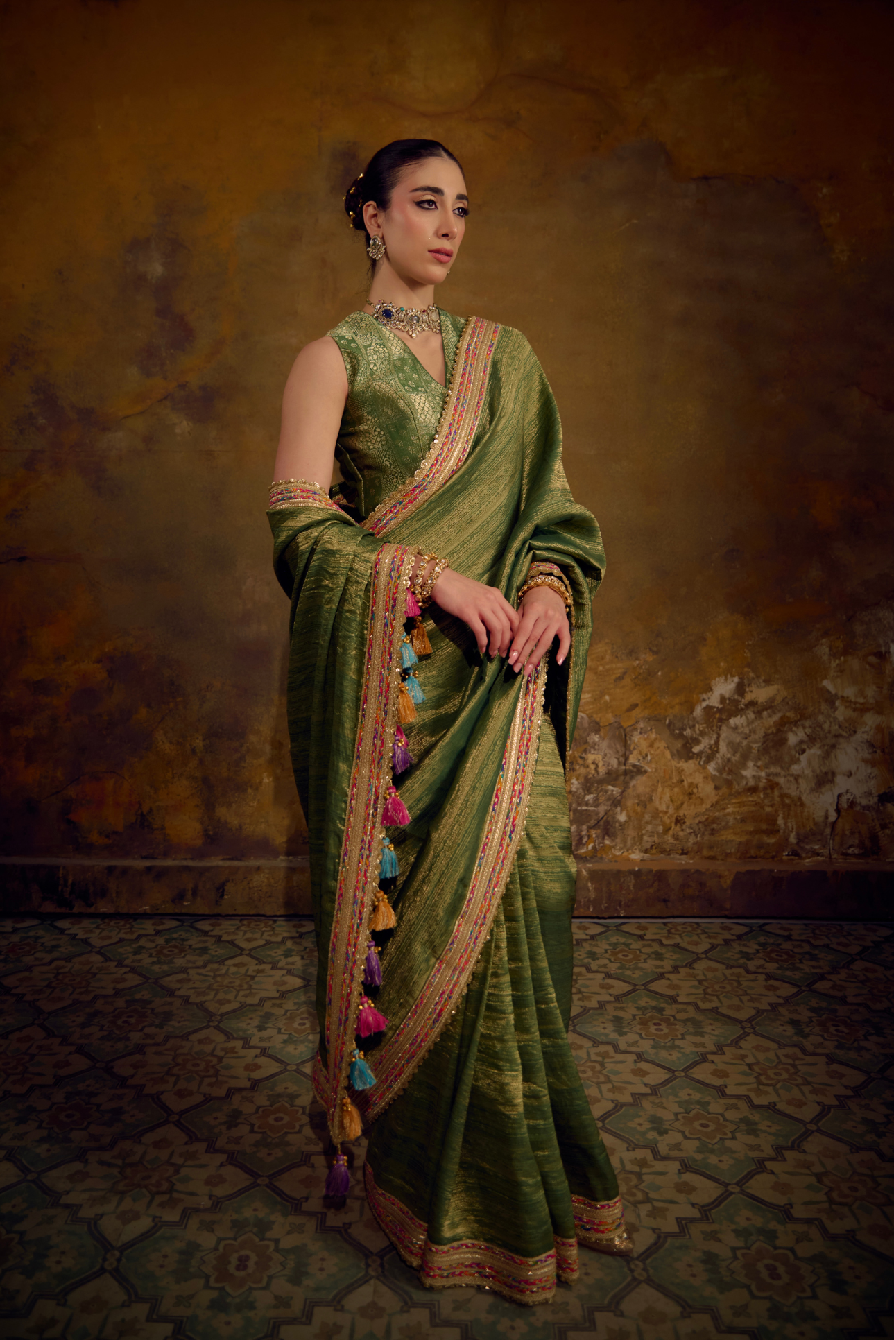 Naad Vana - Olive Green Banarasi Tanchhoi Silk Saree with Vest Blouse
