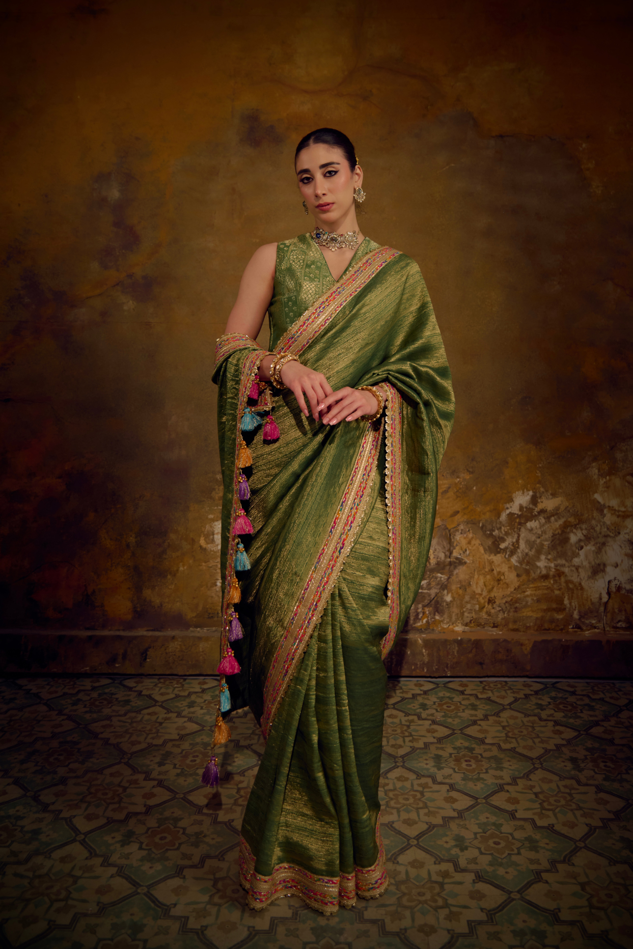 Naad Vana - Olive Green Banarasi Tanchhoi Silk Saree with Vest Blouse