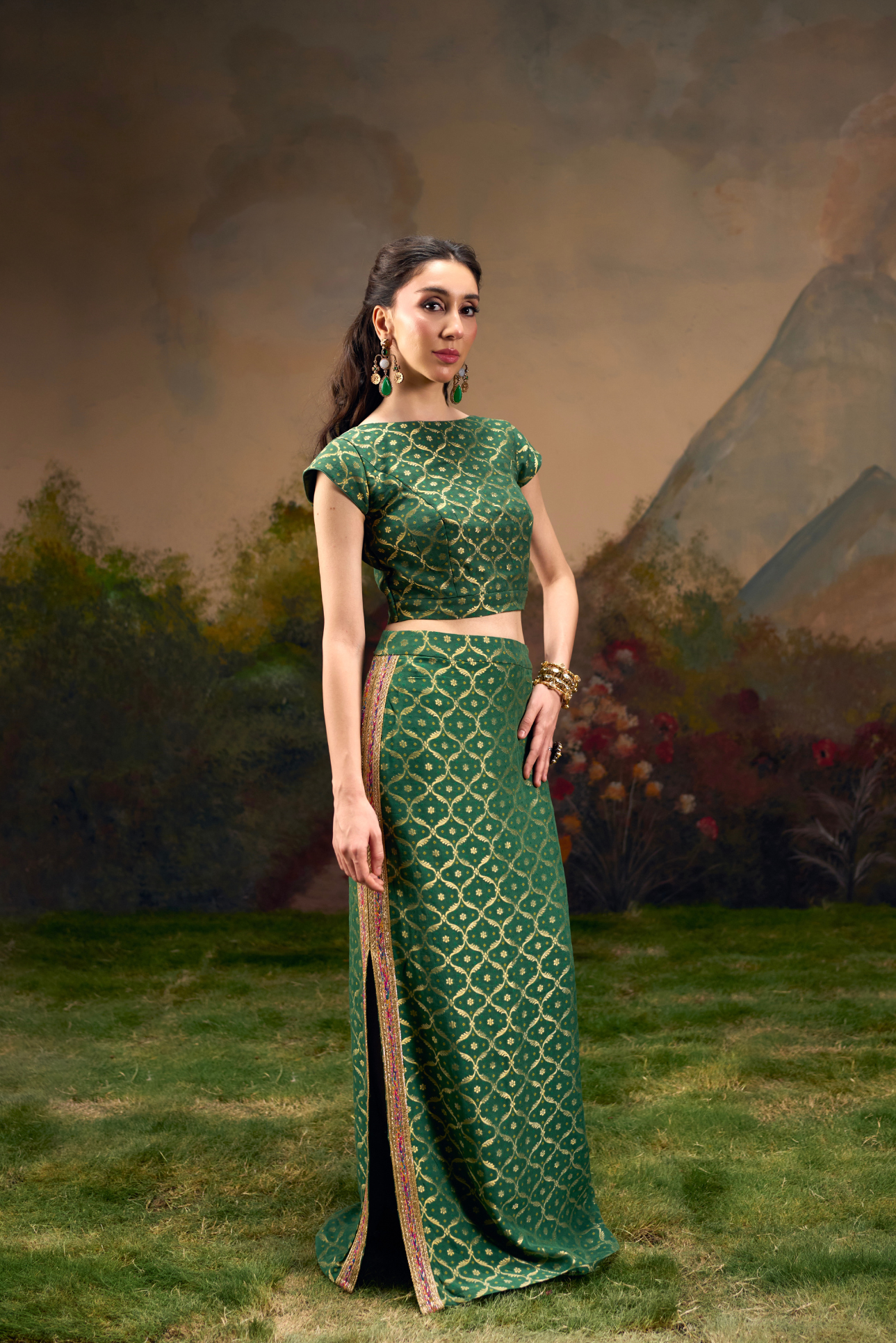 Naad Rajeshwari- Green Skirt Set with Cap Sleeves Top
