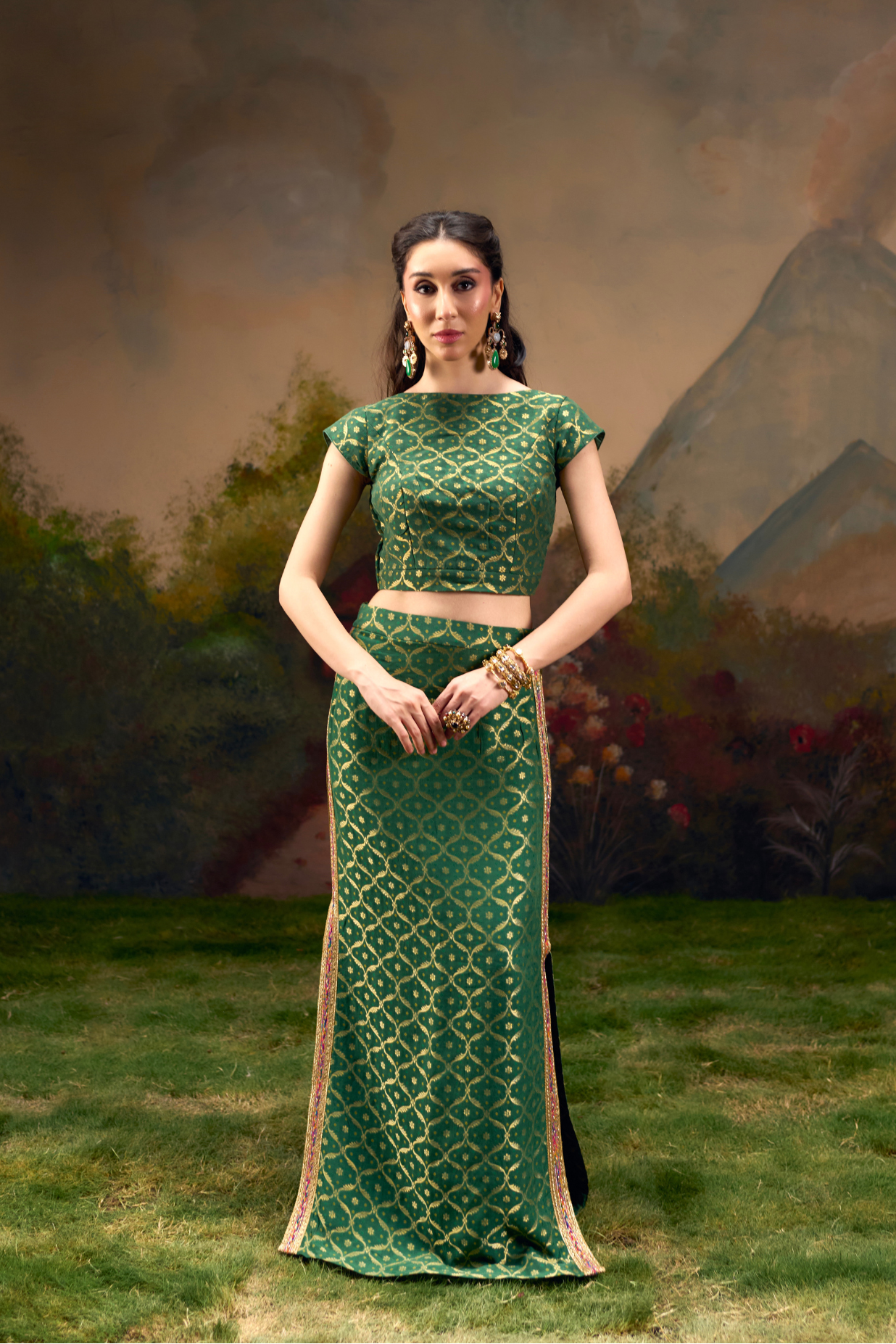 Naad Rajeshwari- Green Skirt Set with Cap Sleeves Top
