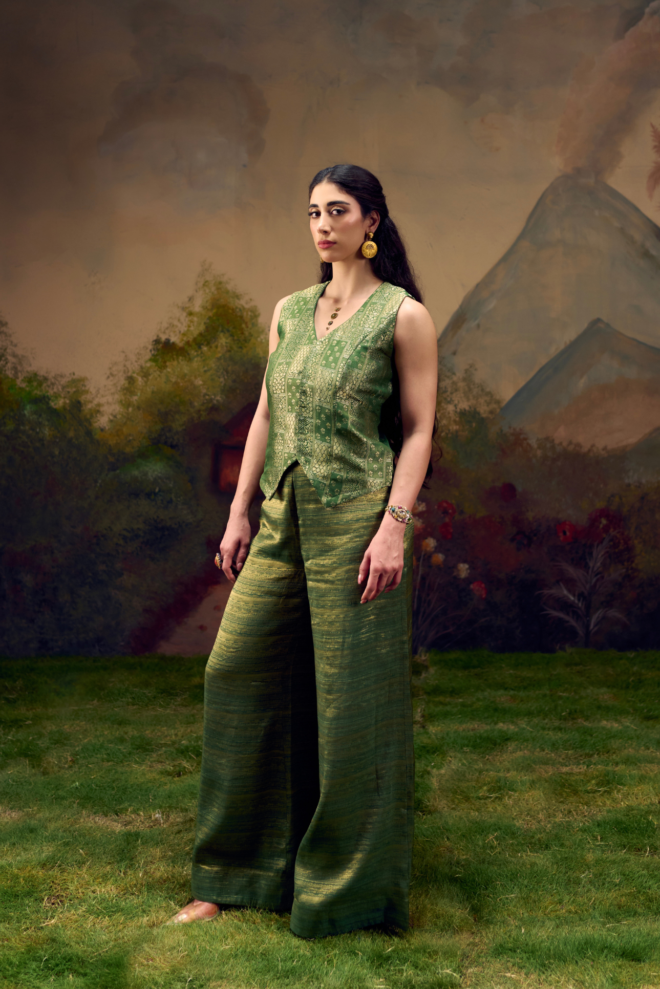 Naad Vriksha -Green Palazzo Set with Vest