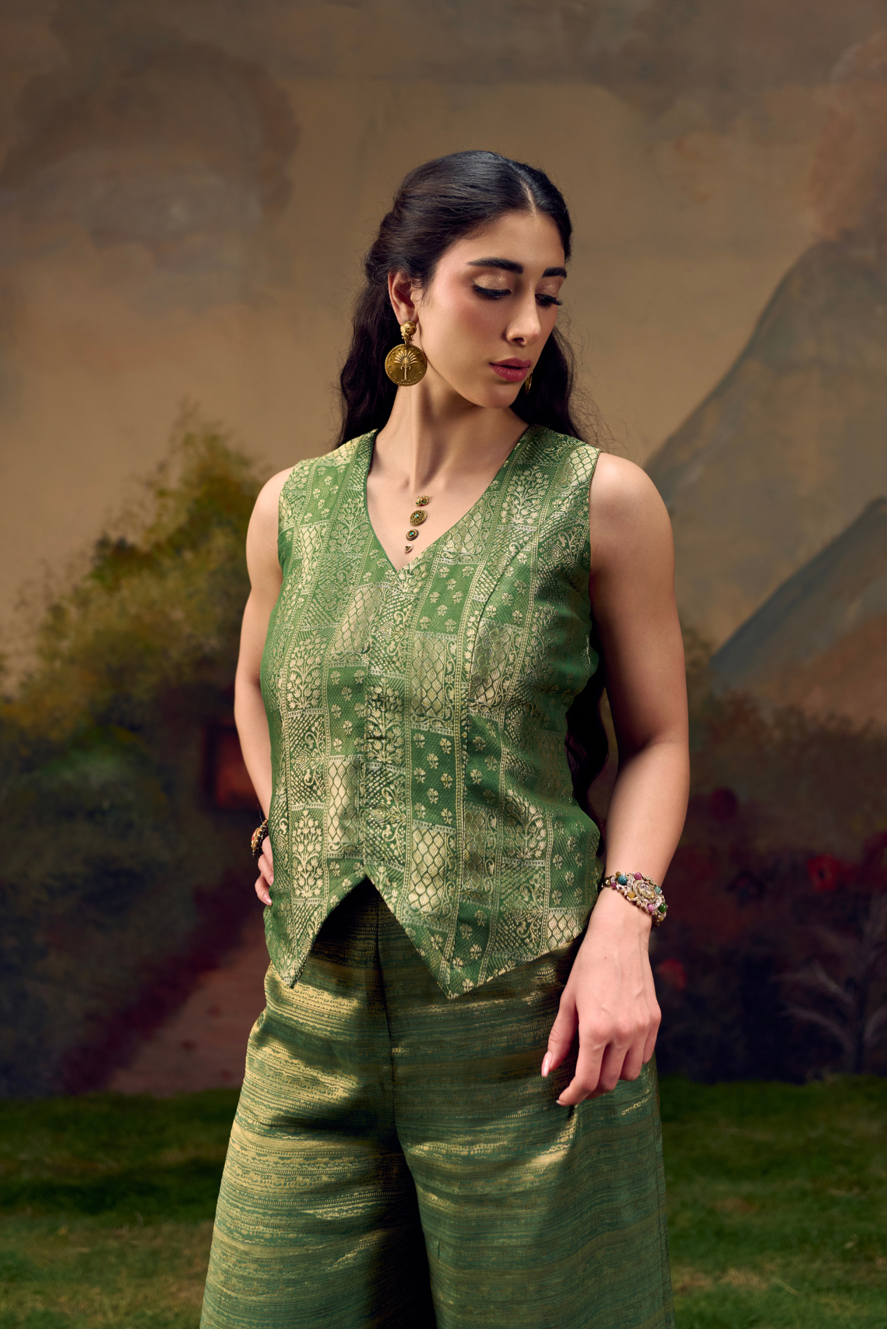 Naad Vriksha -Green Palazzo Set with Vest