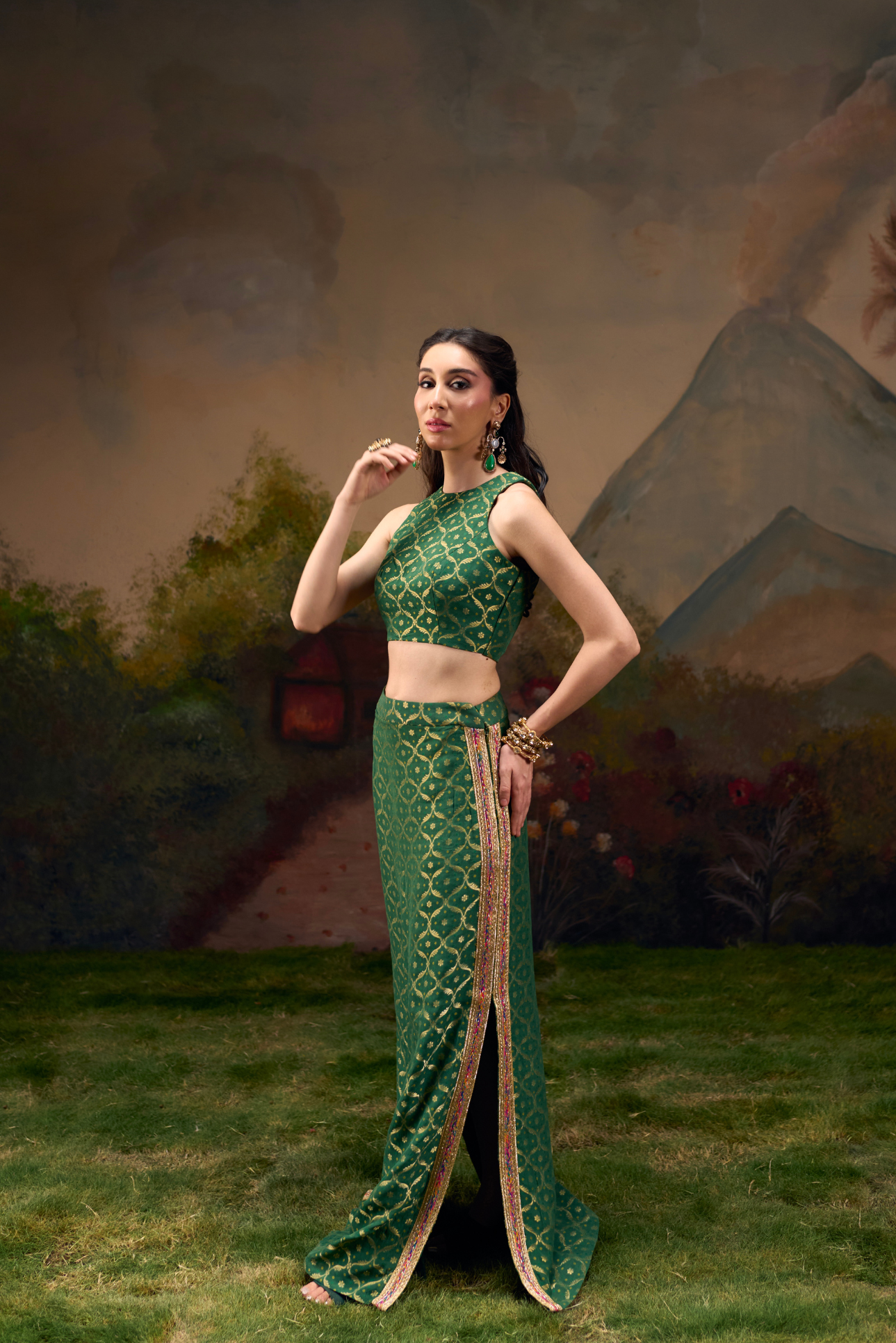 Naad Dhwani- Olive Green Straight Skirt and Top Set