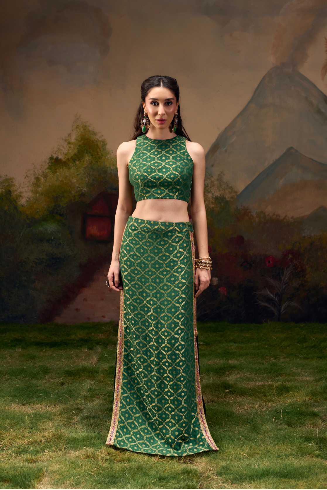 Naad Dhwani- Olive Green Straight Skirt and Top Set
