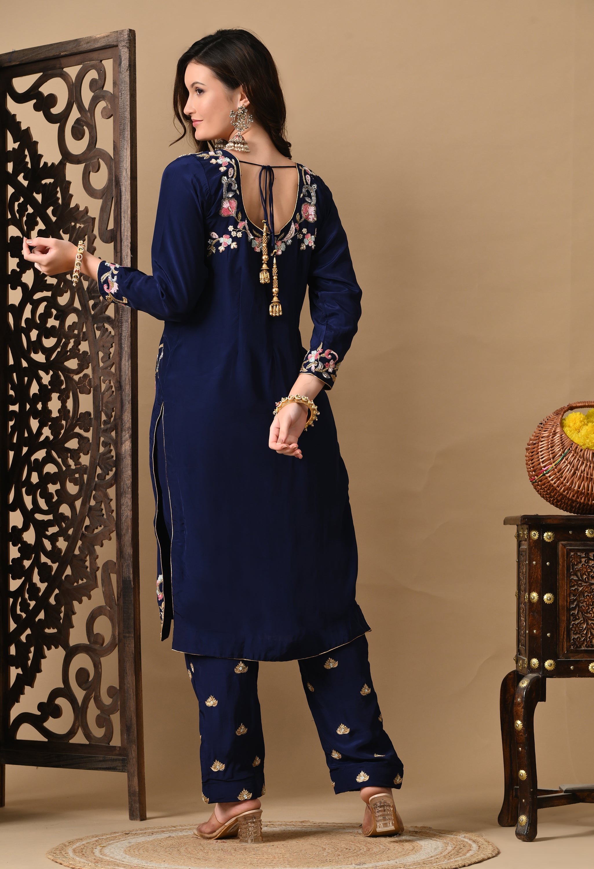 Navy Blue Zardozi Embroidered Crepe Kurta Set