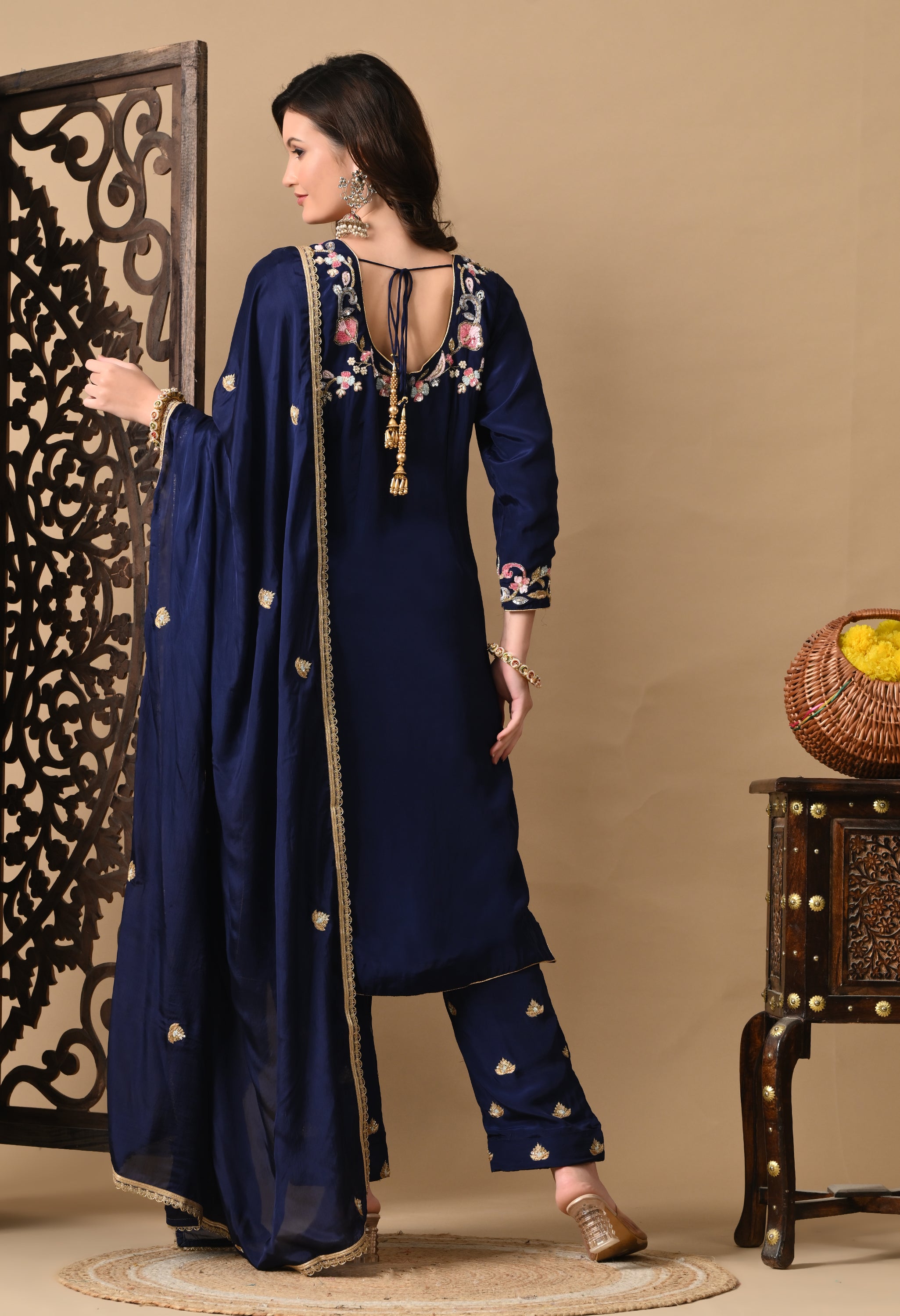 Navy Blue Zardozi Embroidered Crepe Kurta Set